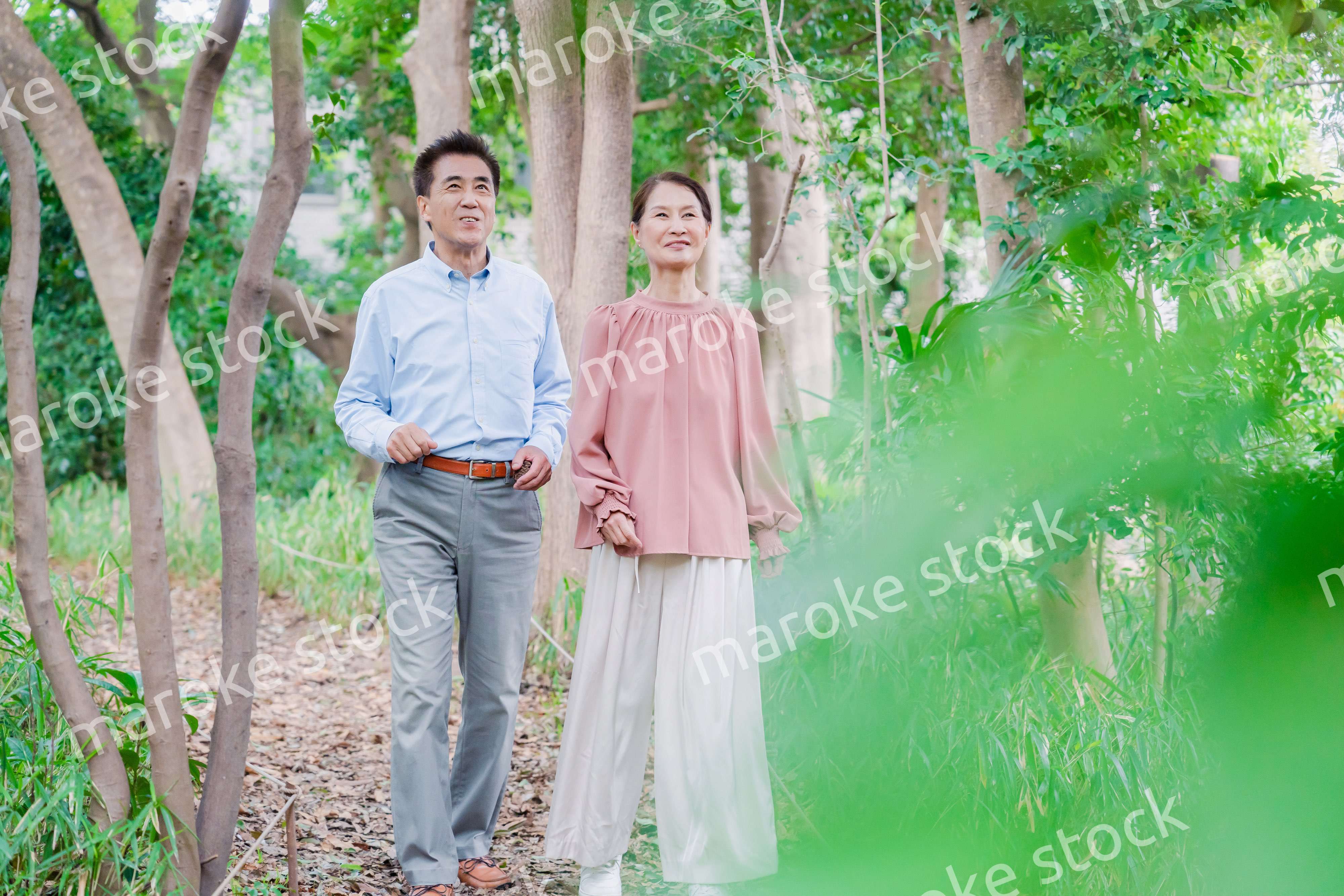 自然の中を散歩するシニアの夫婦