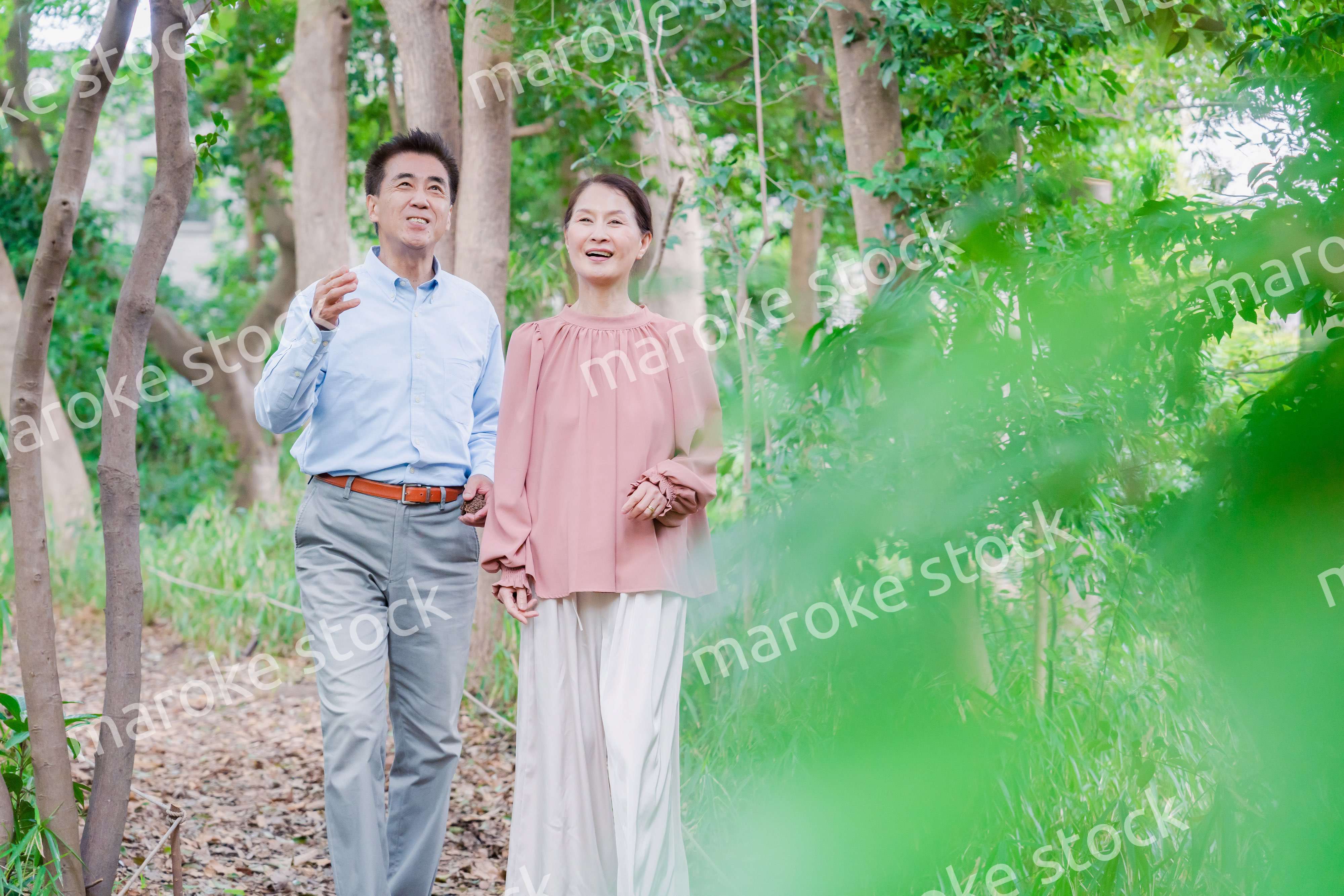 自然の中を散歩するシニアの夫婦