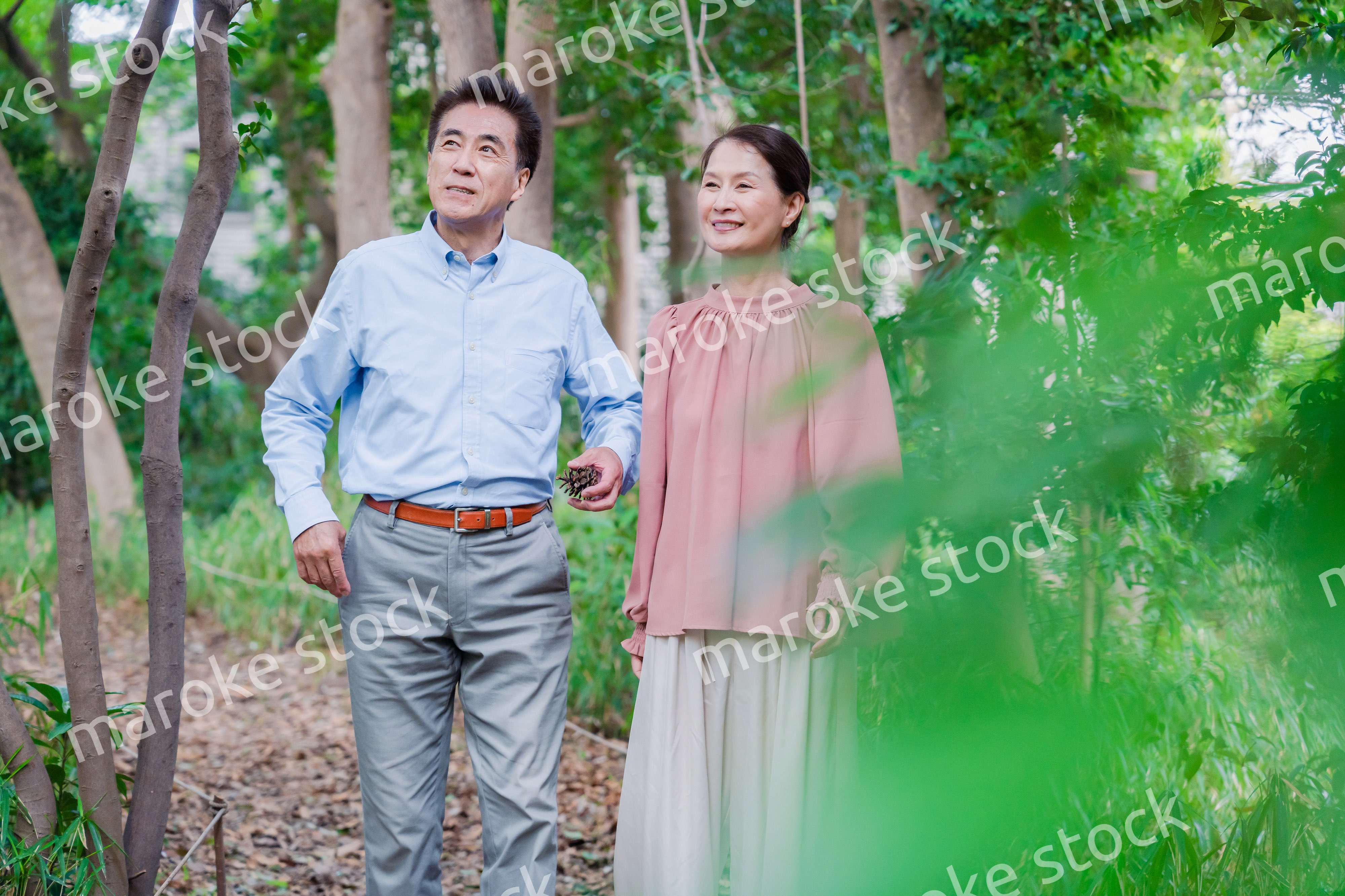 自然の中を散歩するシニアの夫婦