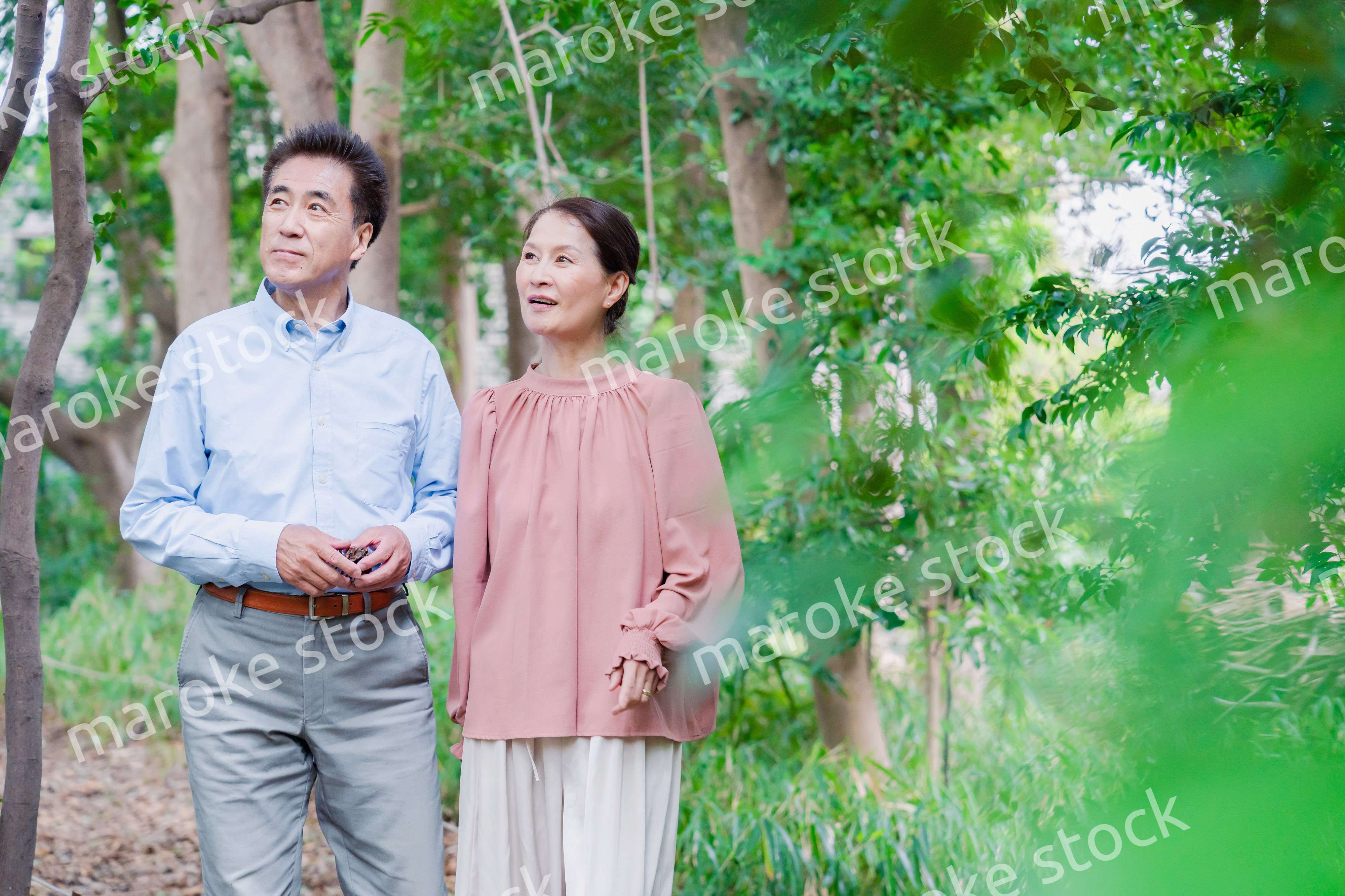 自然の中を散歩するシニアの夫婦