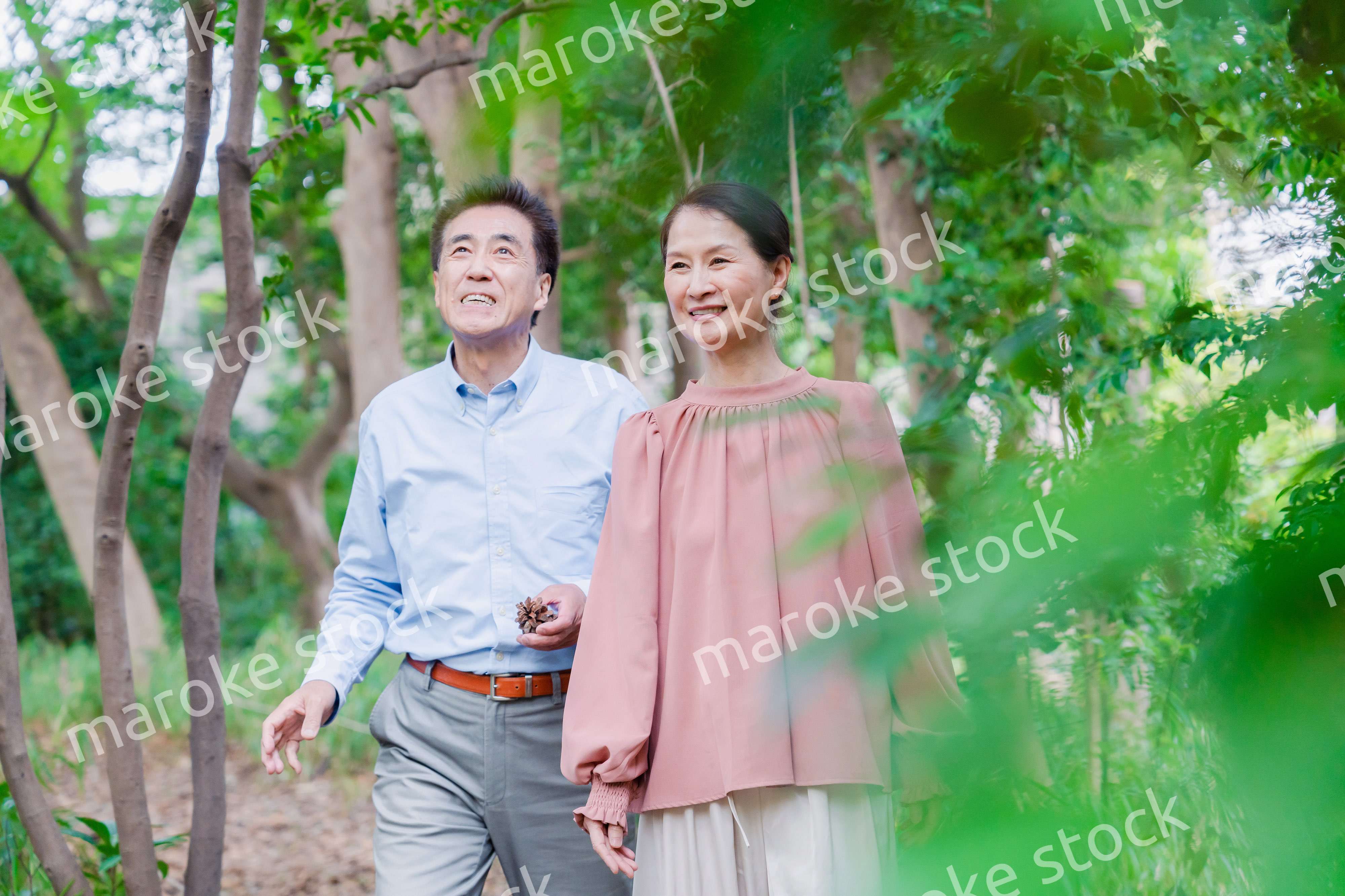 自然の中を散歩するシニアの夫婦