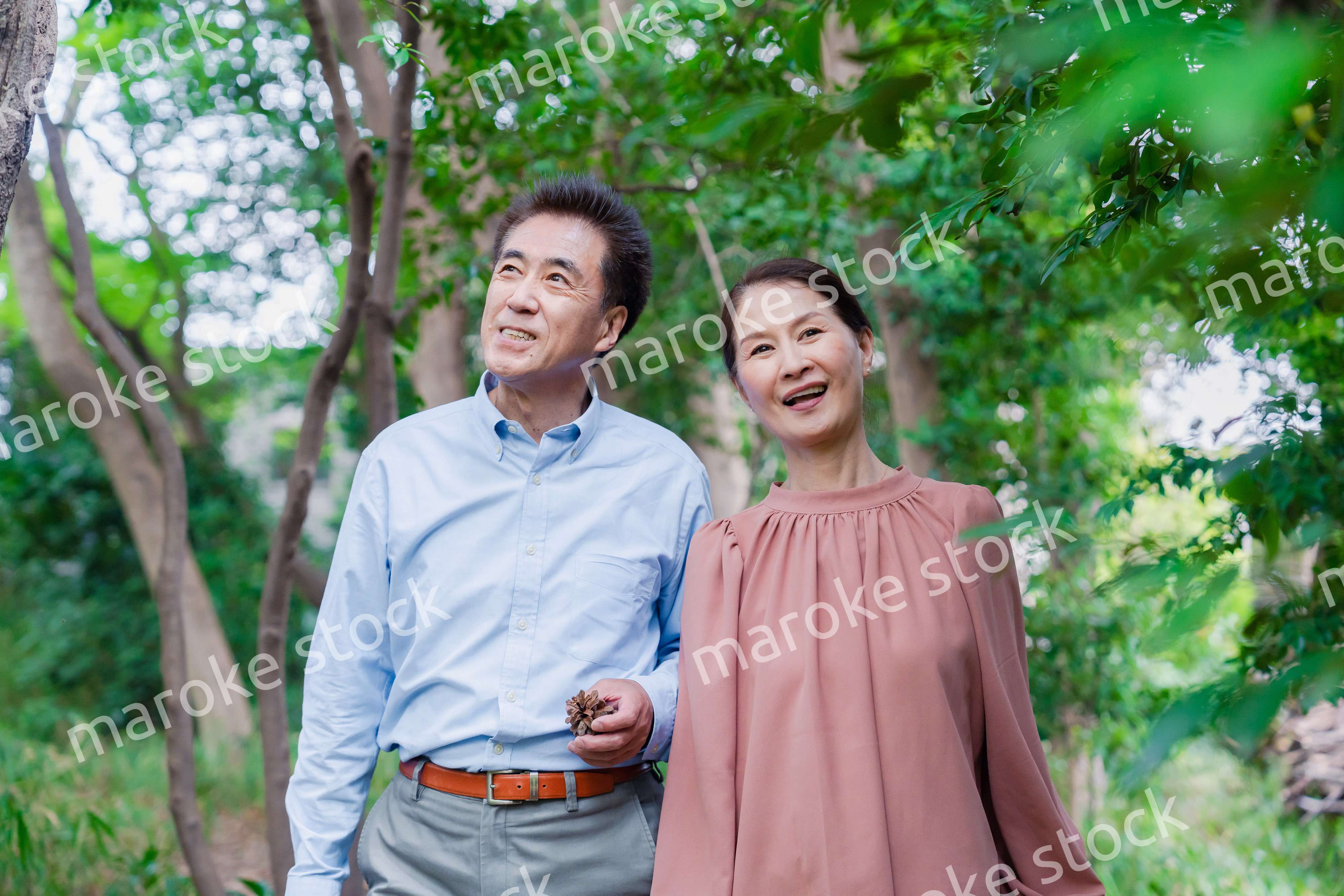 自然の中を散歩するシニアの夫婦