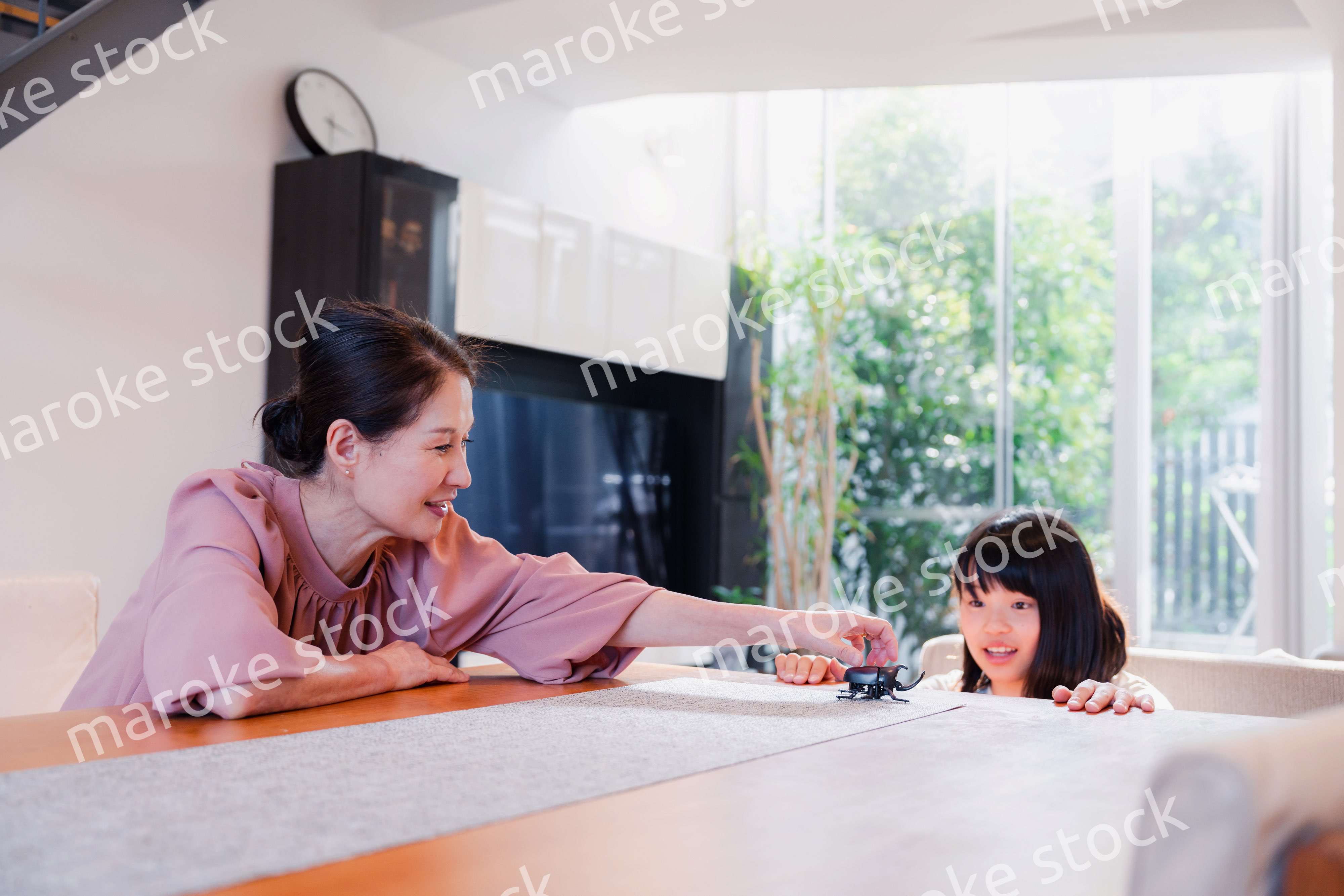 おばあちゃんと一緒に昆虫の観察をする女の子