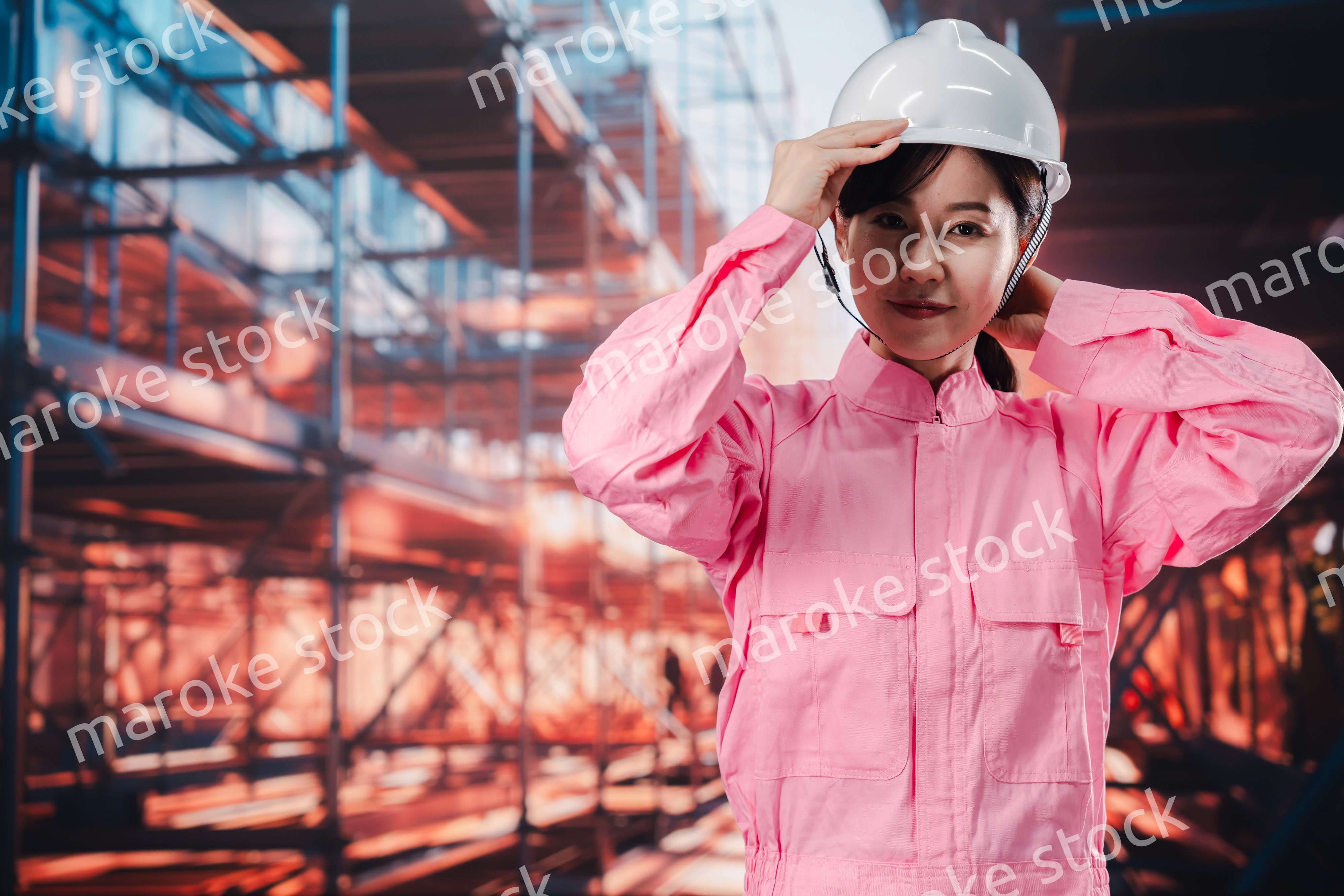 建設現場でヘルメットを被る女性