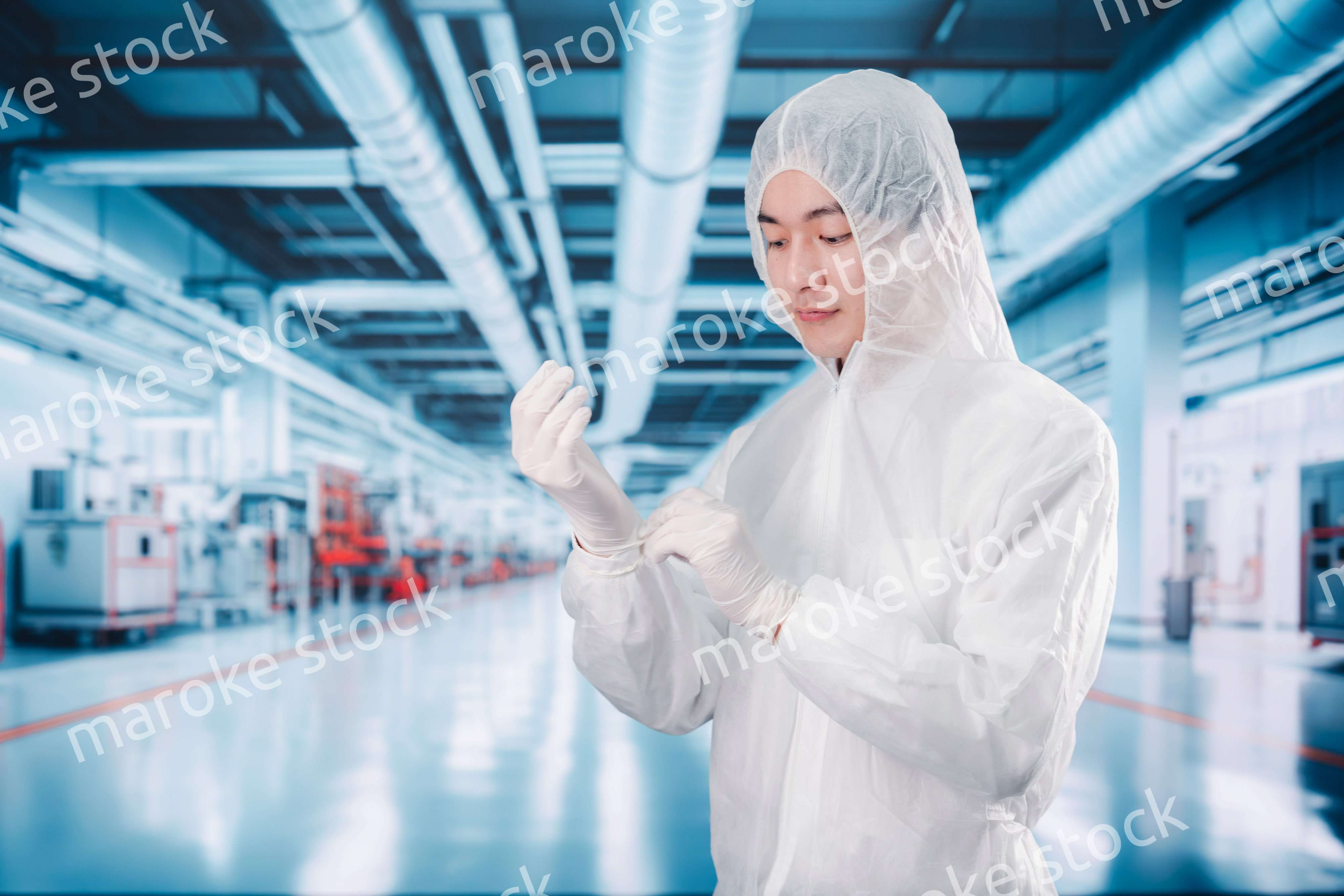 工場のクリーンルームに入る男性