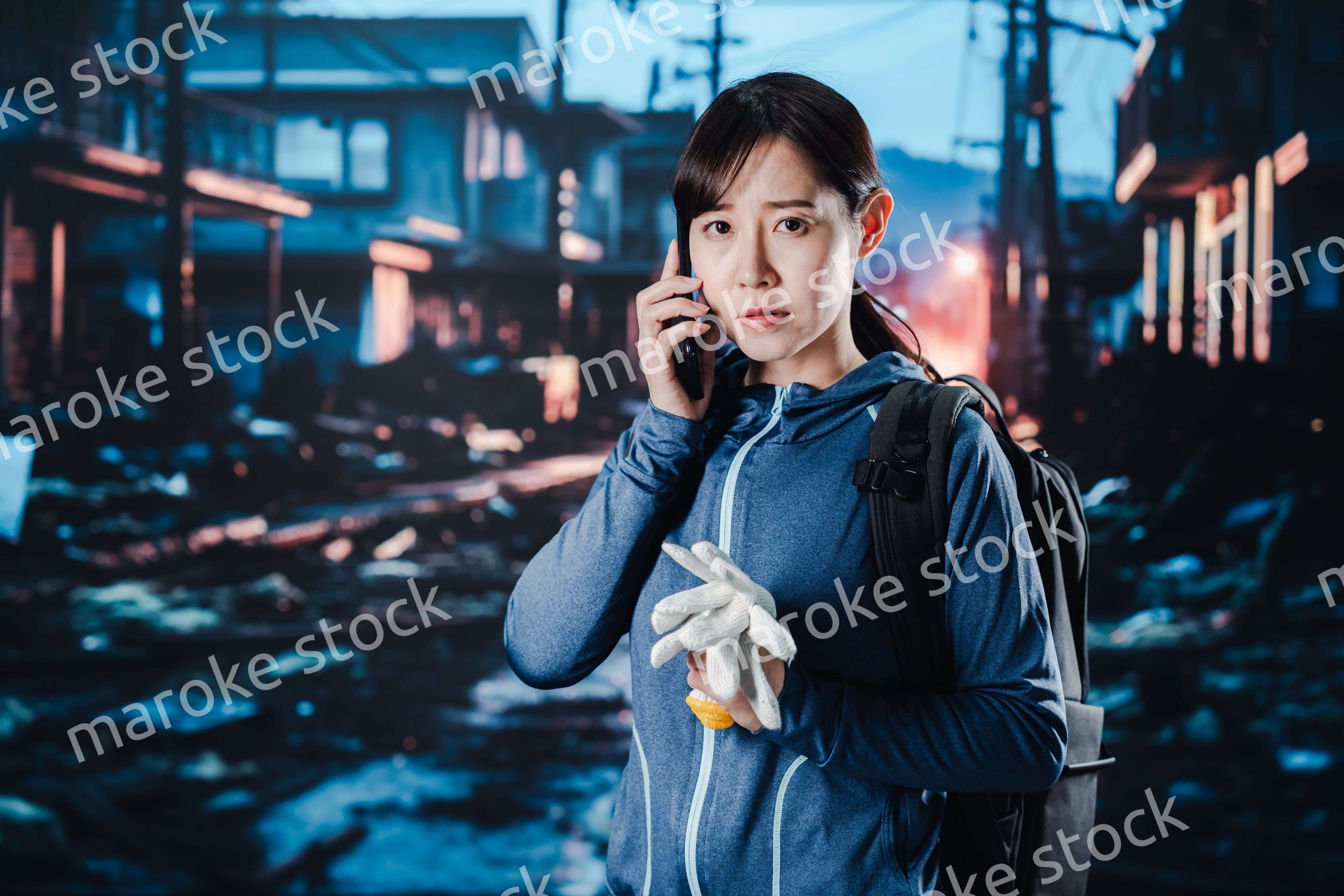 災害が発生し電話が繋がらずに困る女性