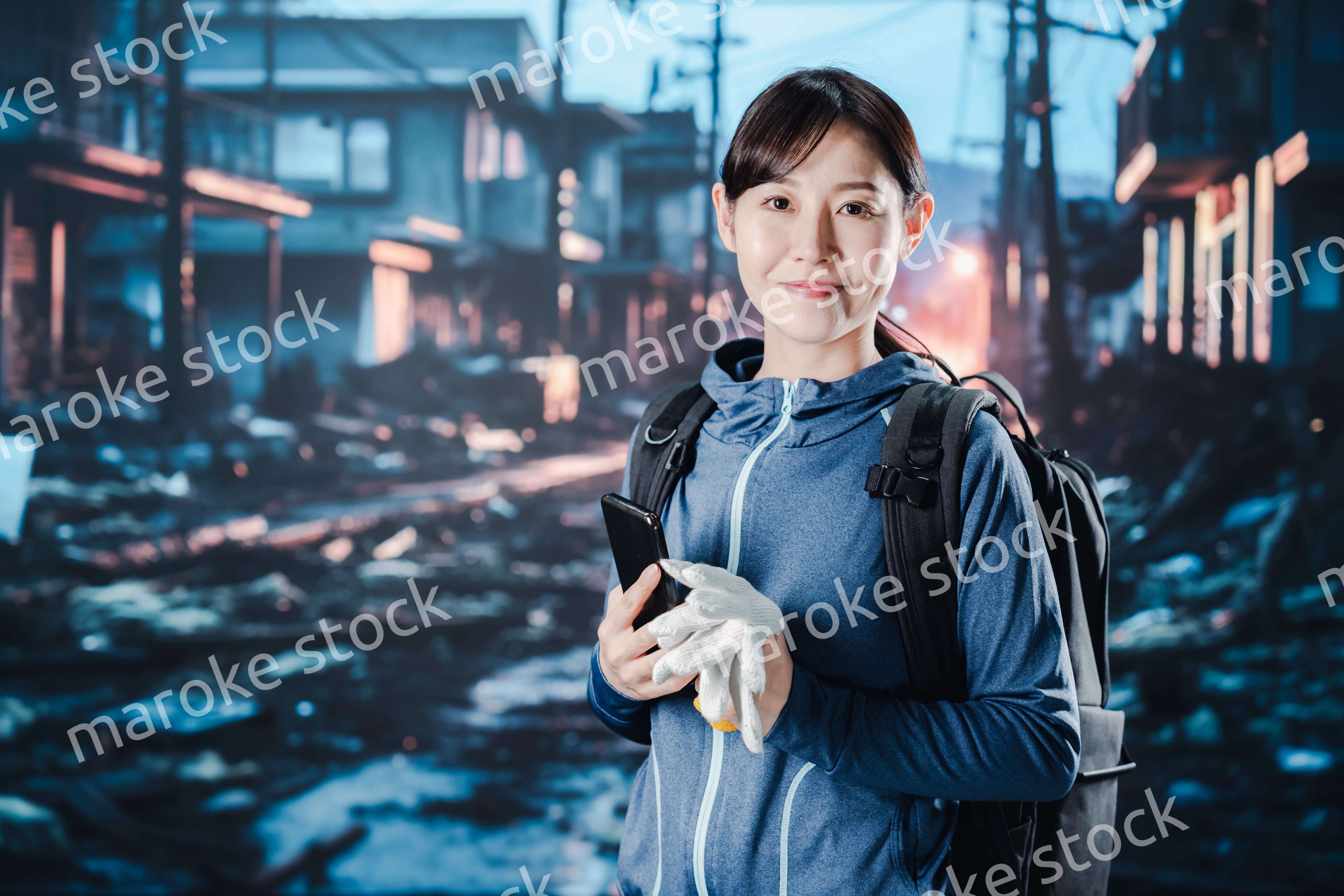 避難をしながらOKサインをする女性