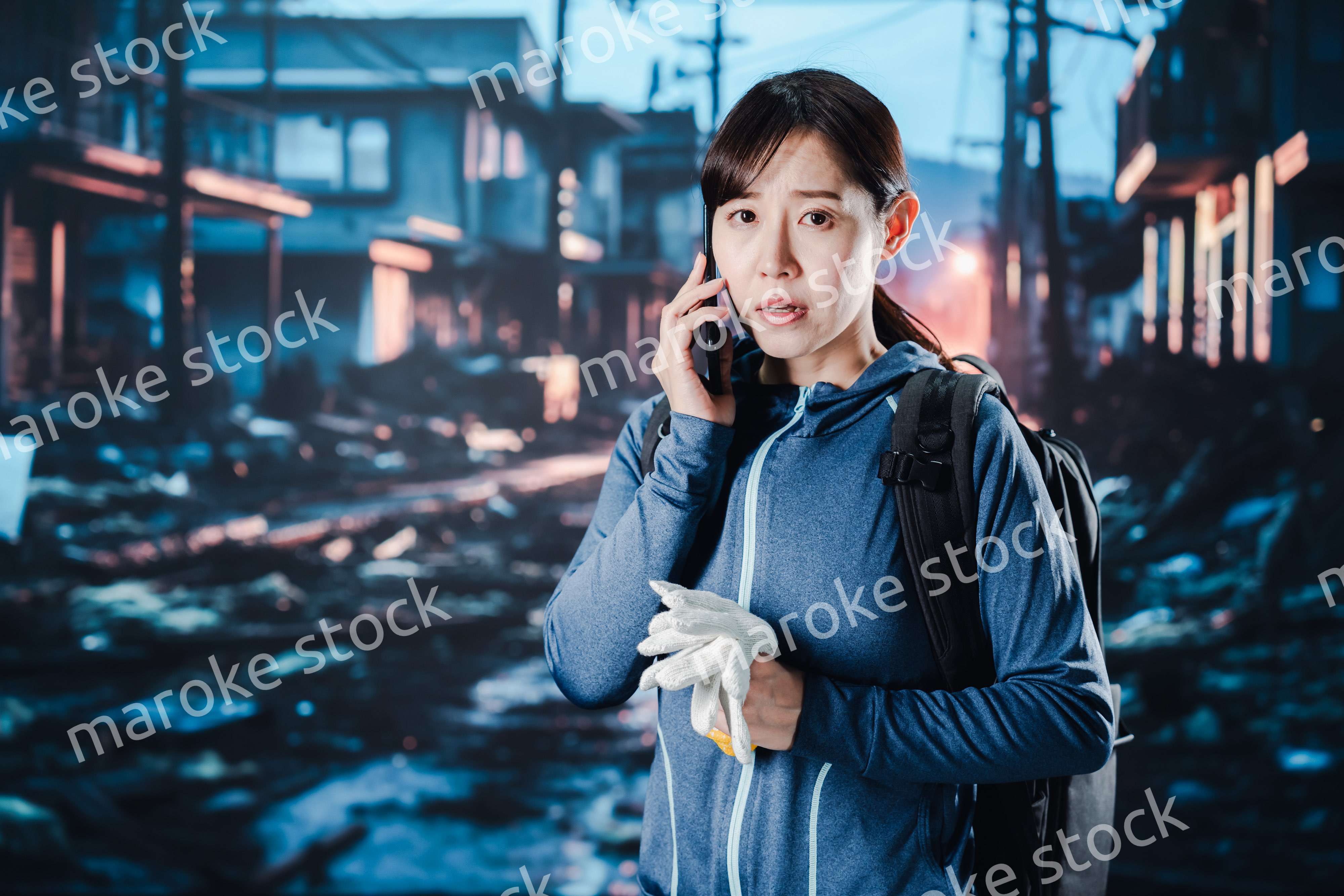 災害が発生し電話が繋がらずに困る女性