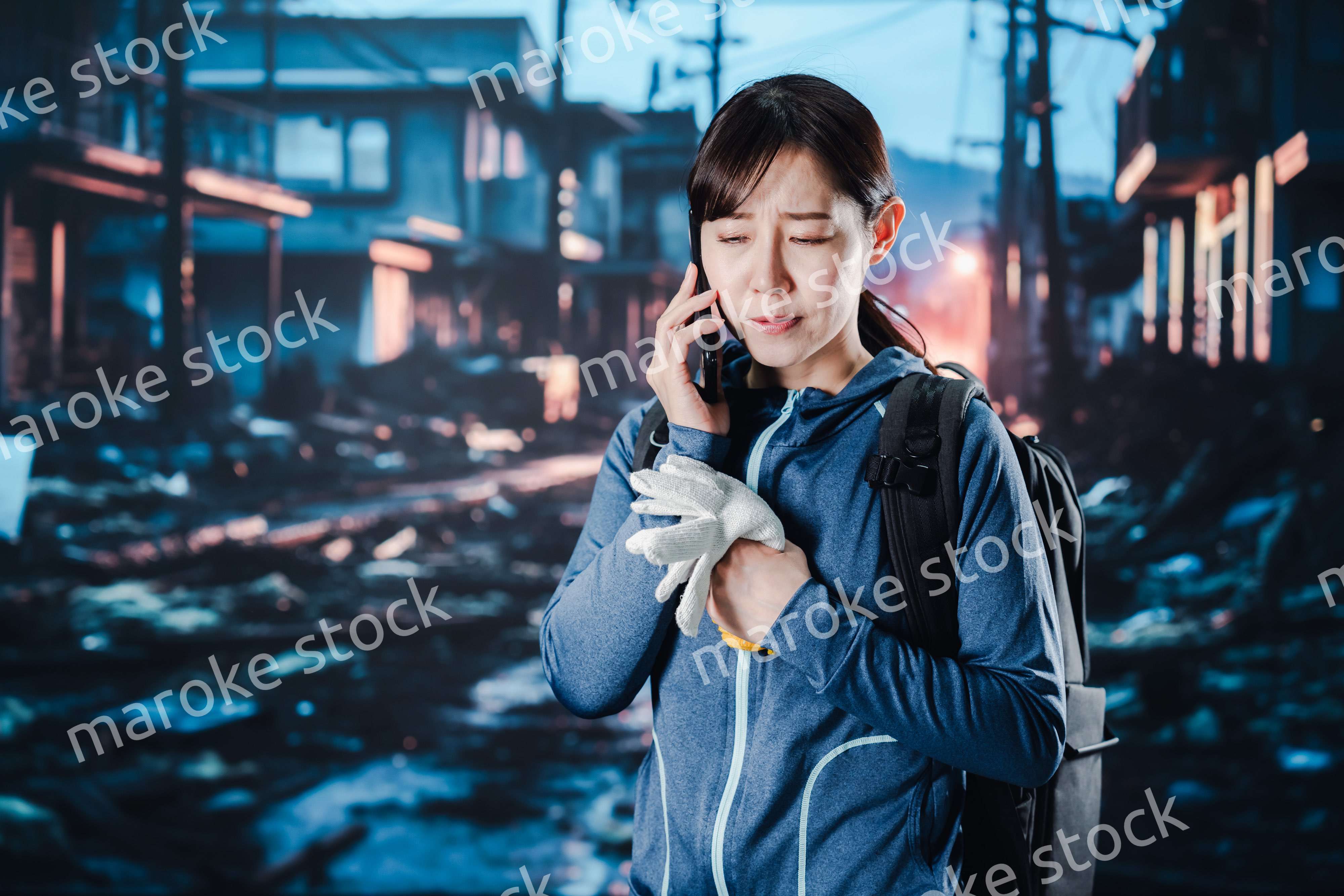 災害が発生し電話が繋がらずに困る女性