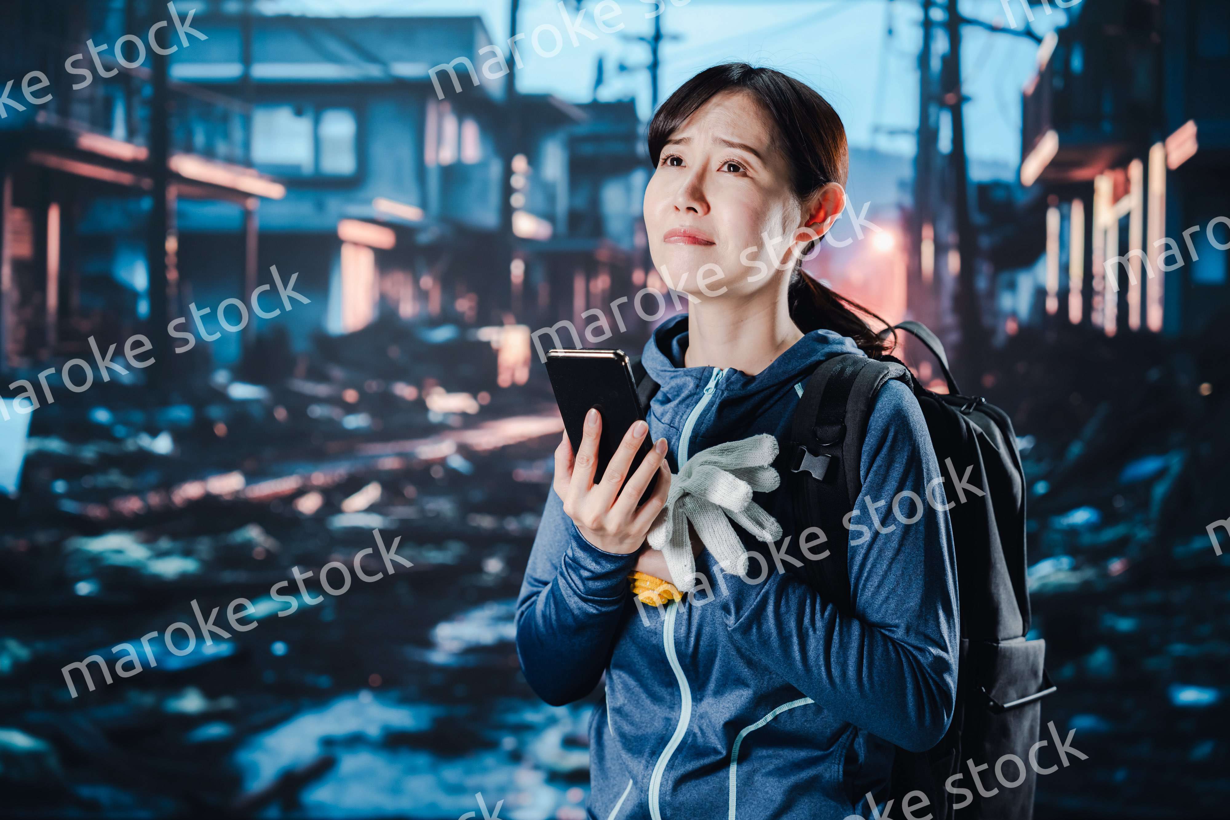 災害が発生し電話が繋がらずに困る女性