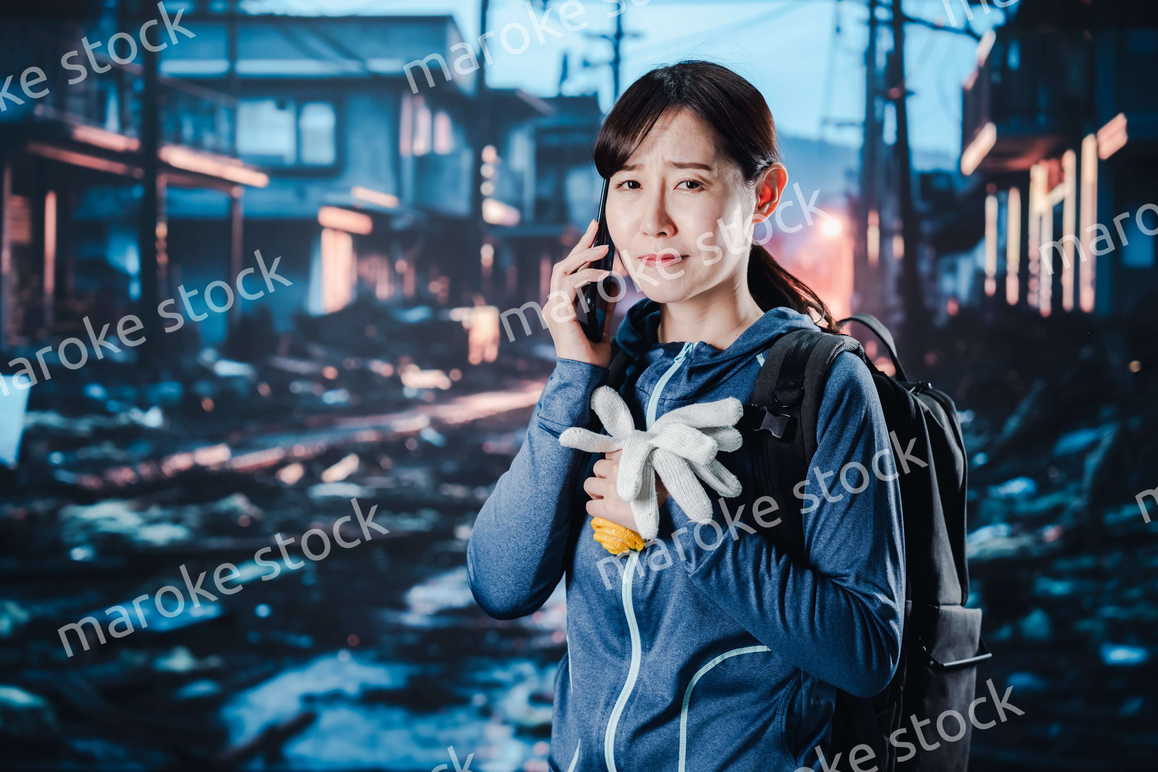 災害が発生し電話が繋がらずに困る女性