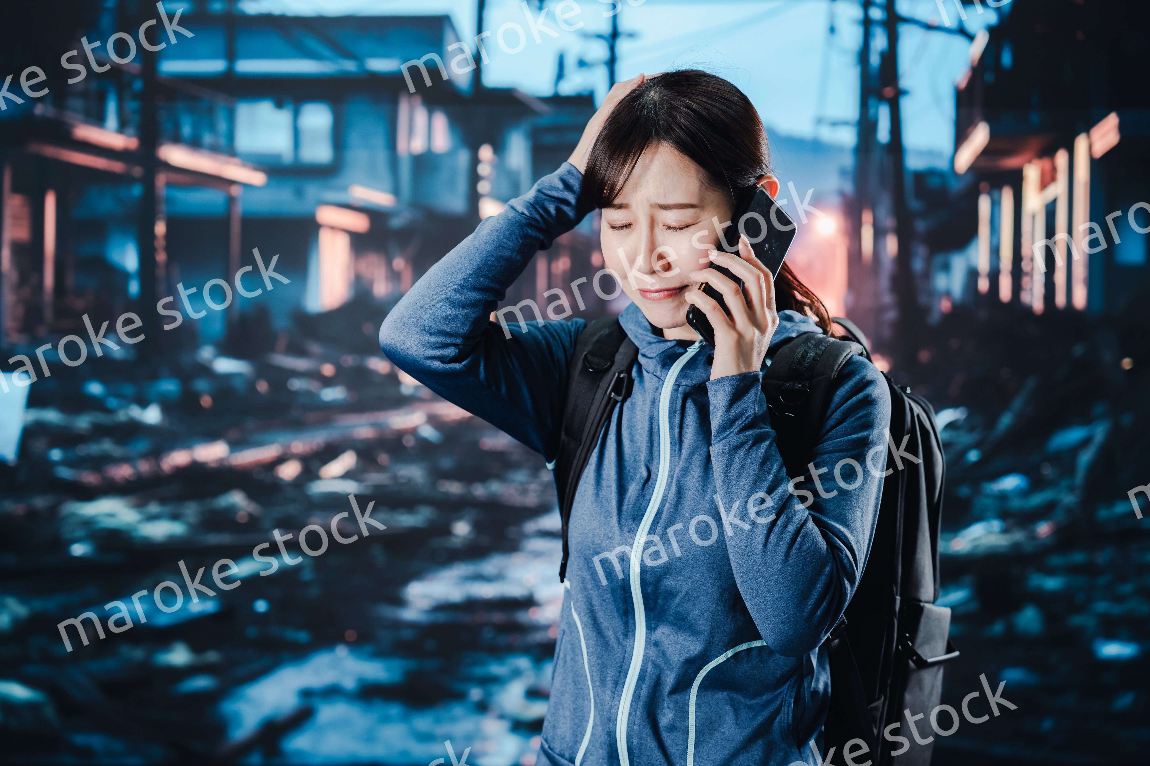 災害が発生し電話が繋がらずに困る女性