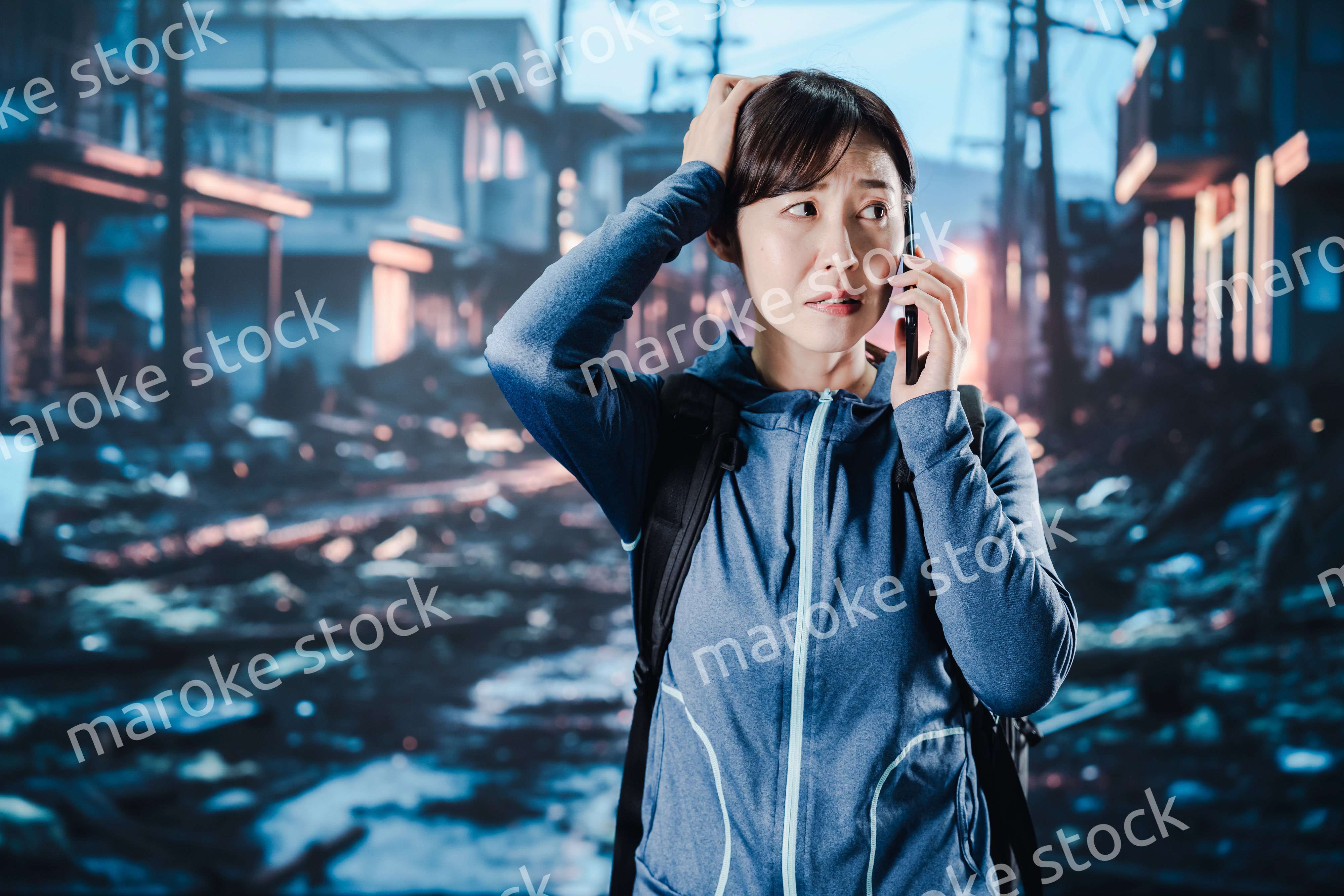 災害が発生し電話が繋がらずに困る女性