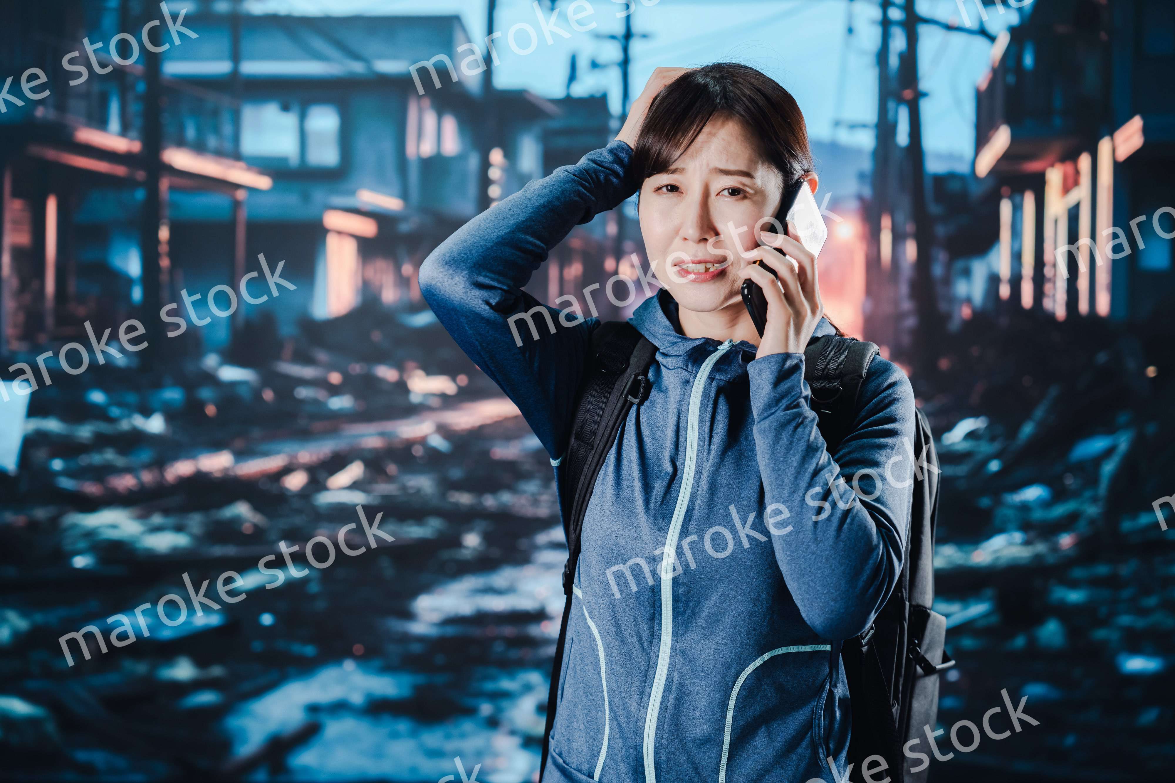 災害が発生し電話が繋がらずに困る女性