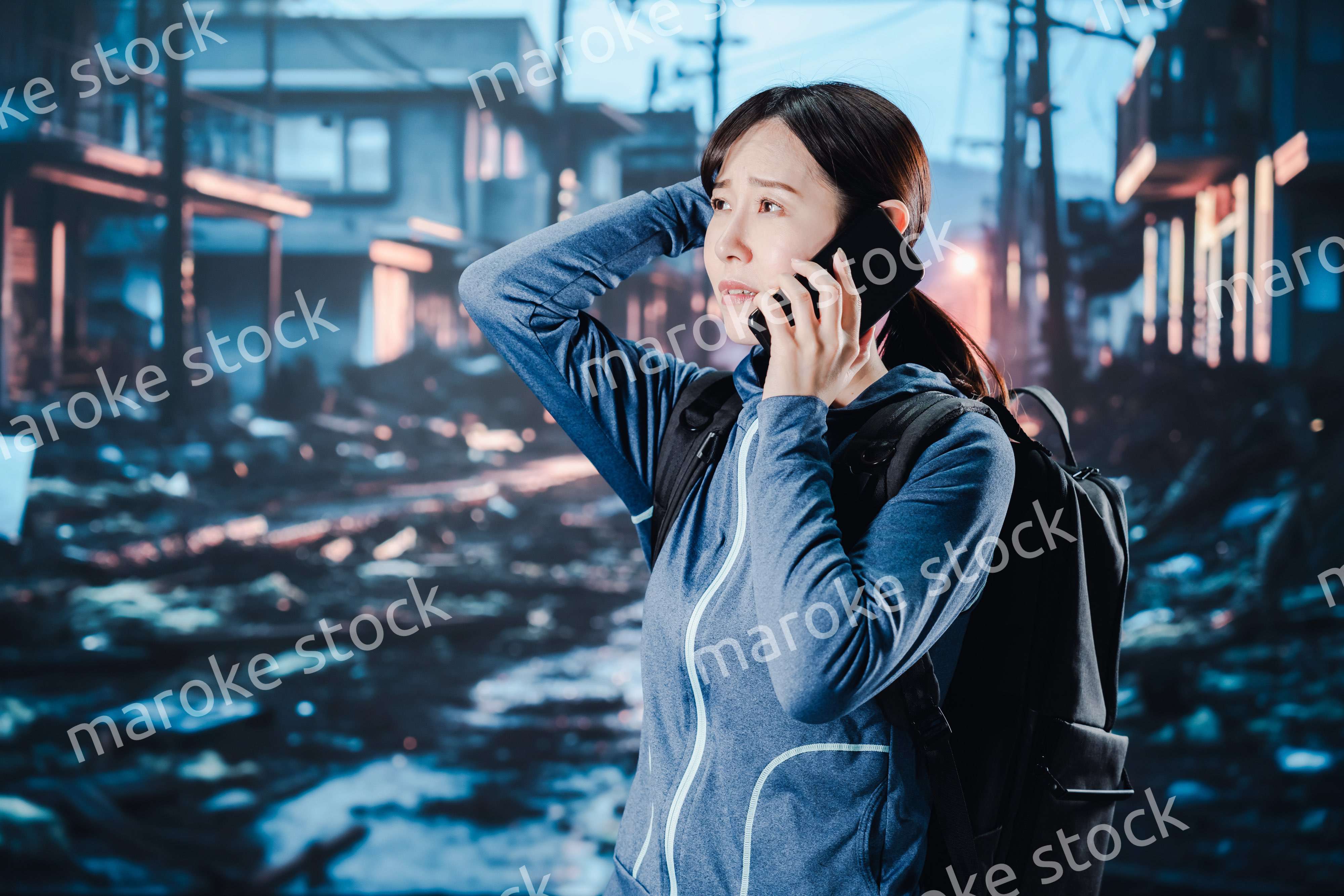 災害が発生し電話が繋がらずに困る女性