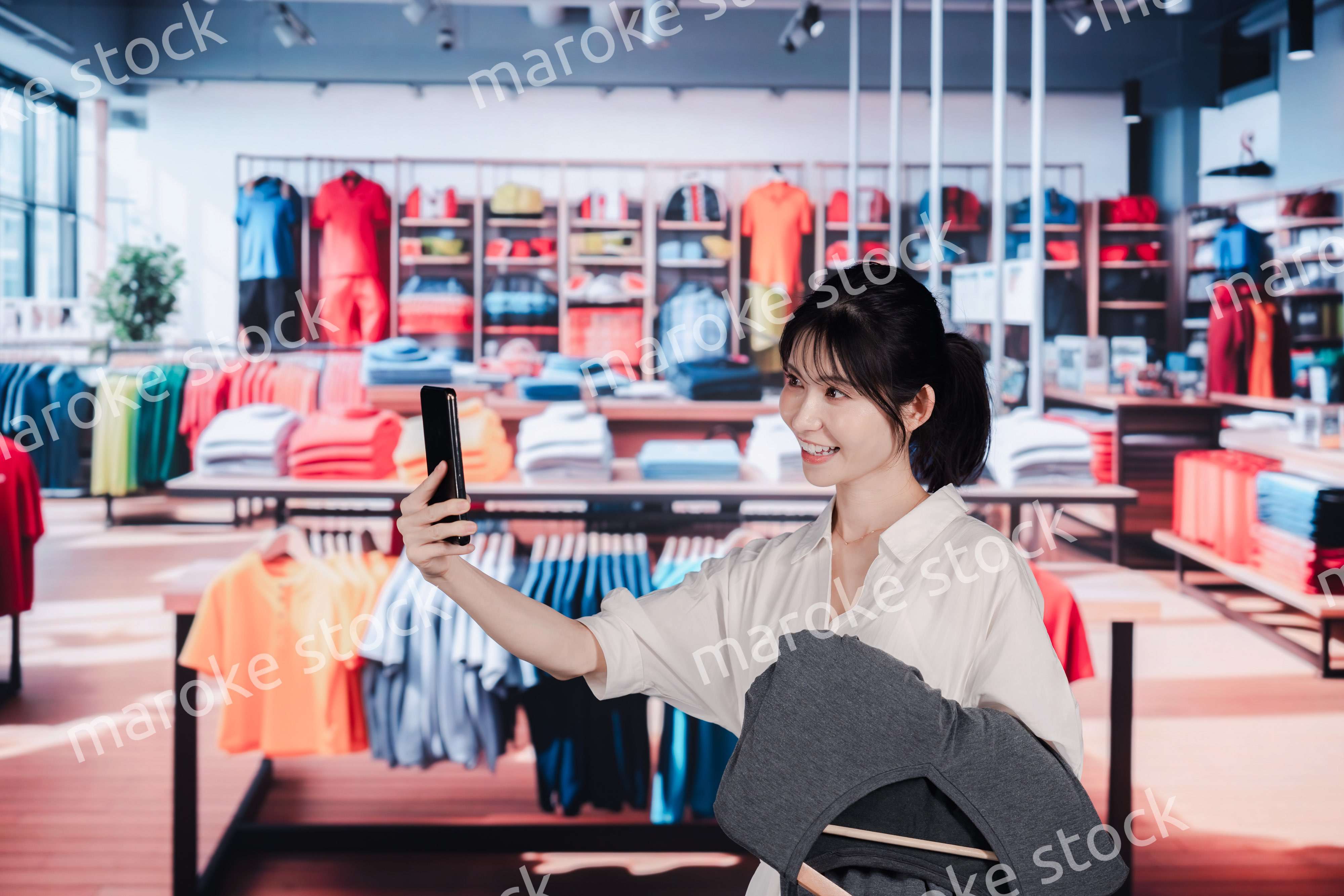 服屋さんで買い物をする若い女性