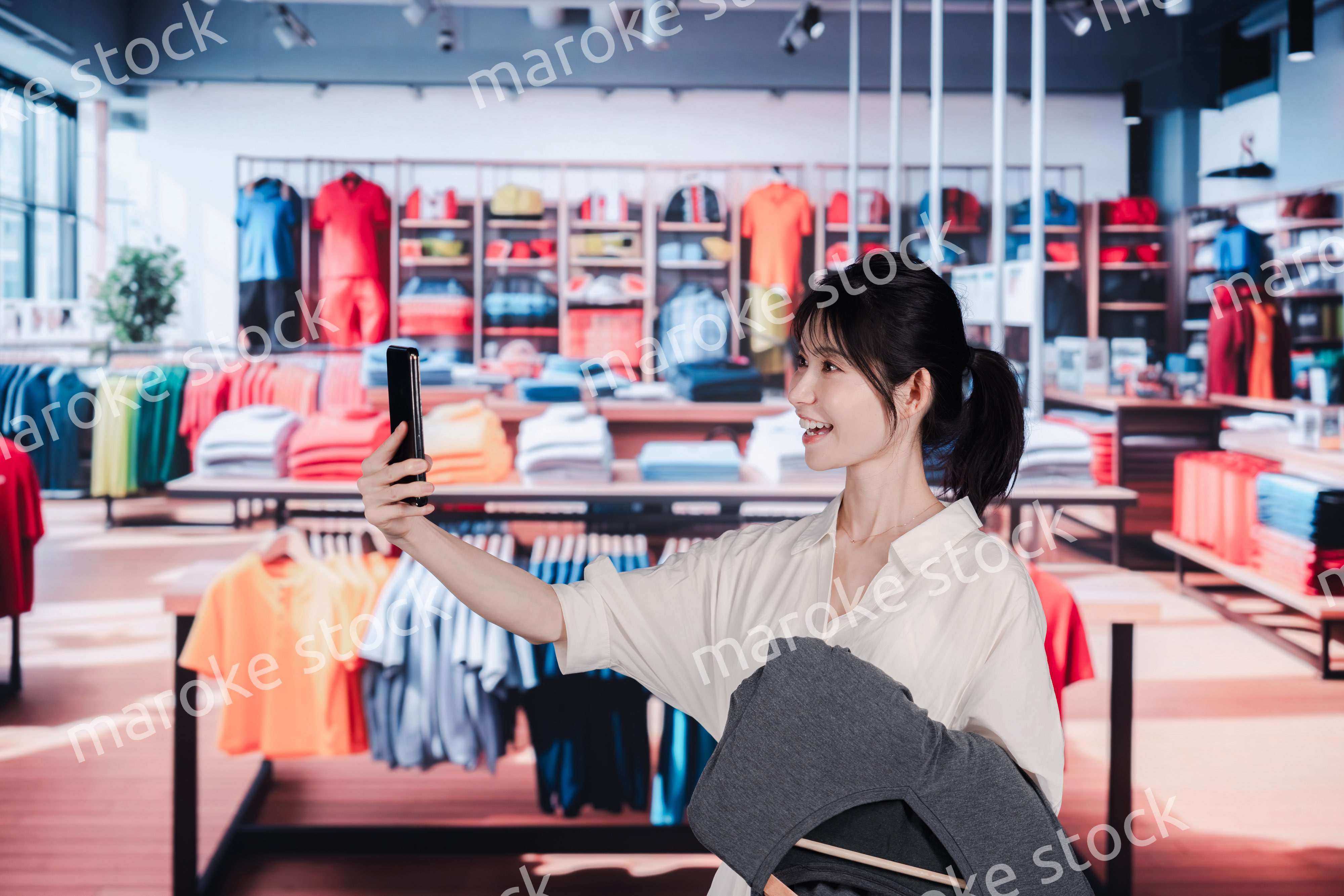 服屋さんで買い物をする若い女性