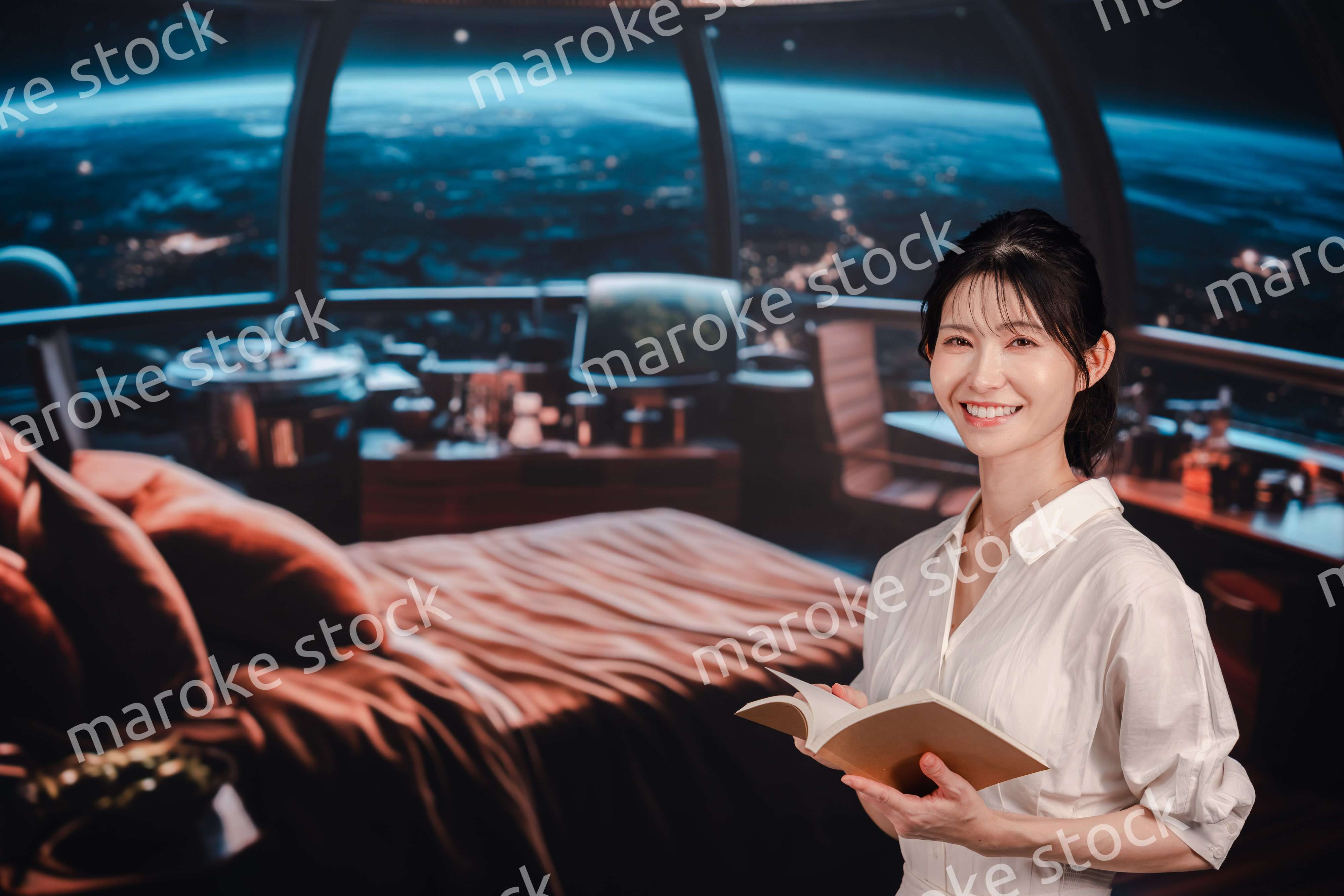 宇宙船で優雅に過ごす若い女性