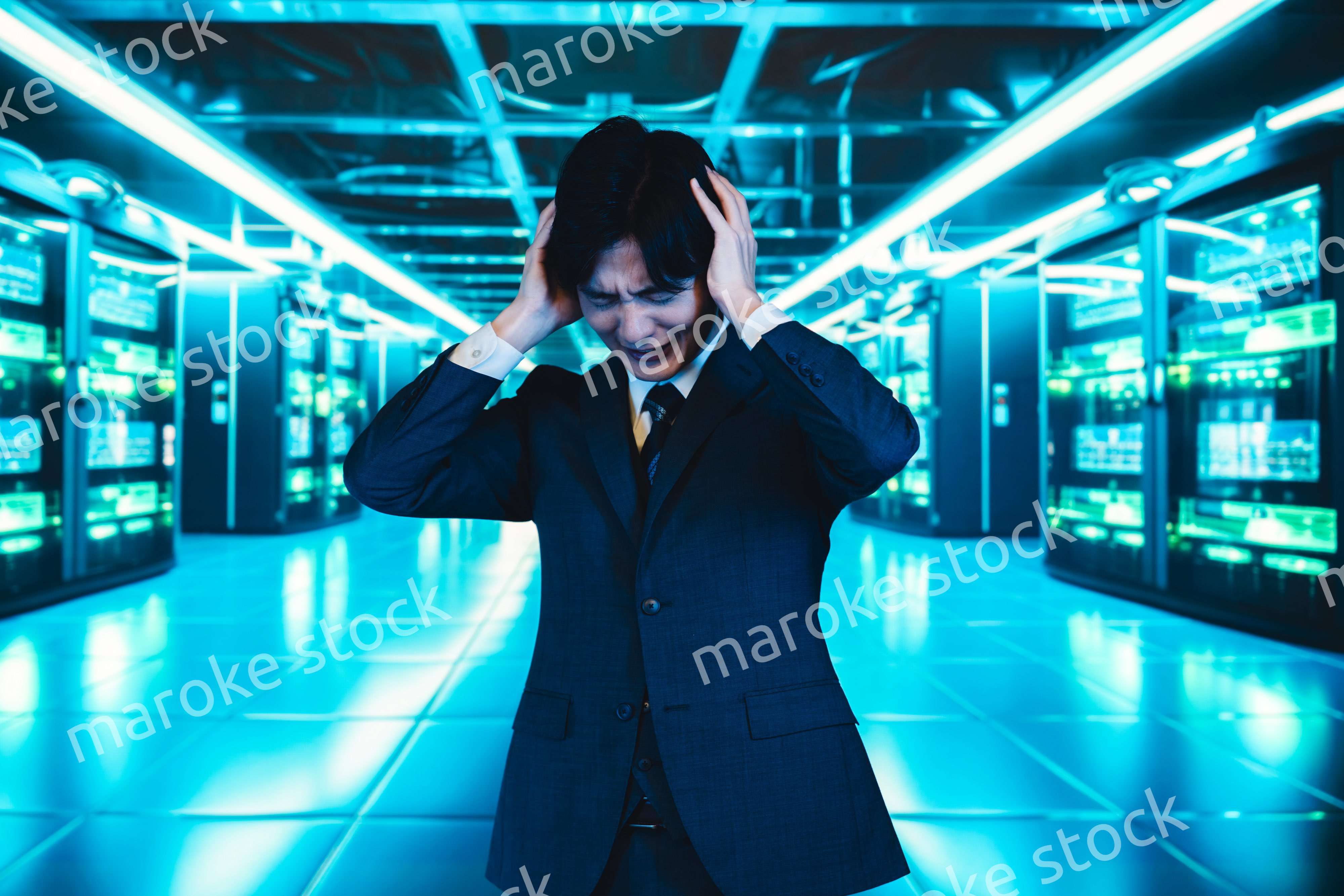 サーバールームで頭を抱えるビジネスマン