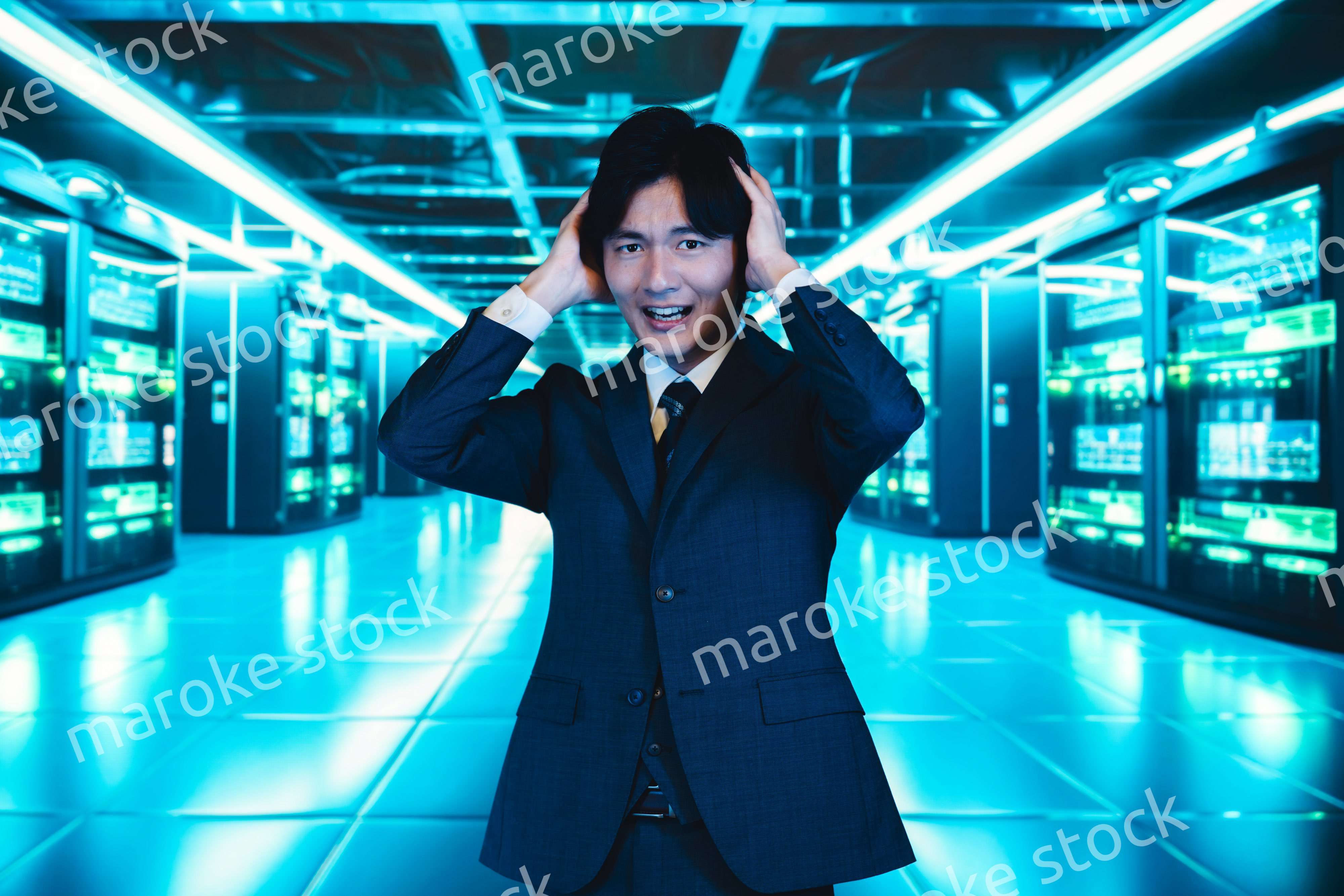 サーバールームで頭を抱えるビジネスマン