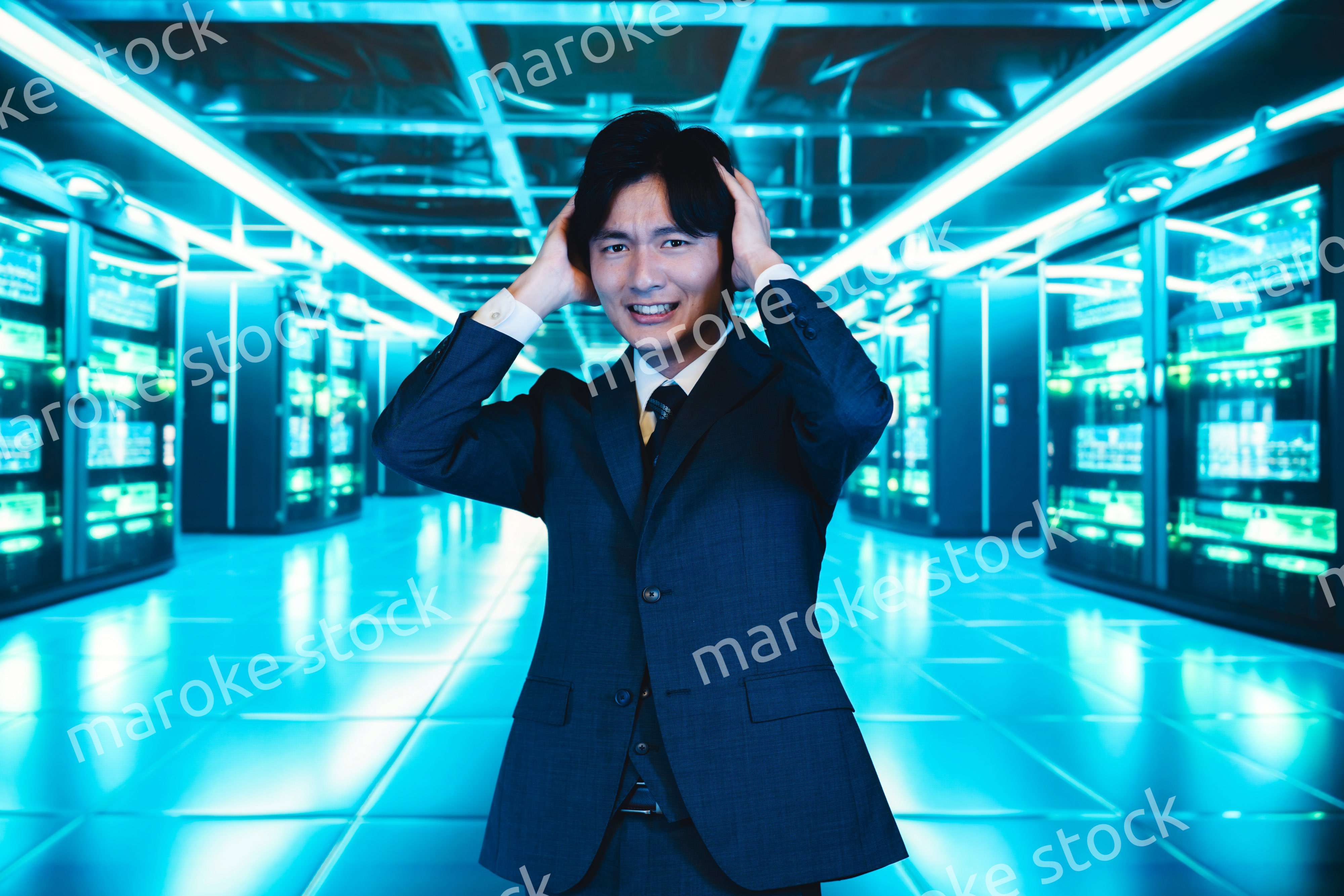 サーバールームで頭を抱えるビジネスマン