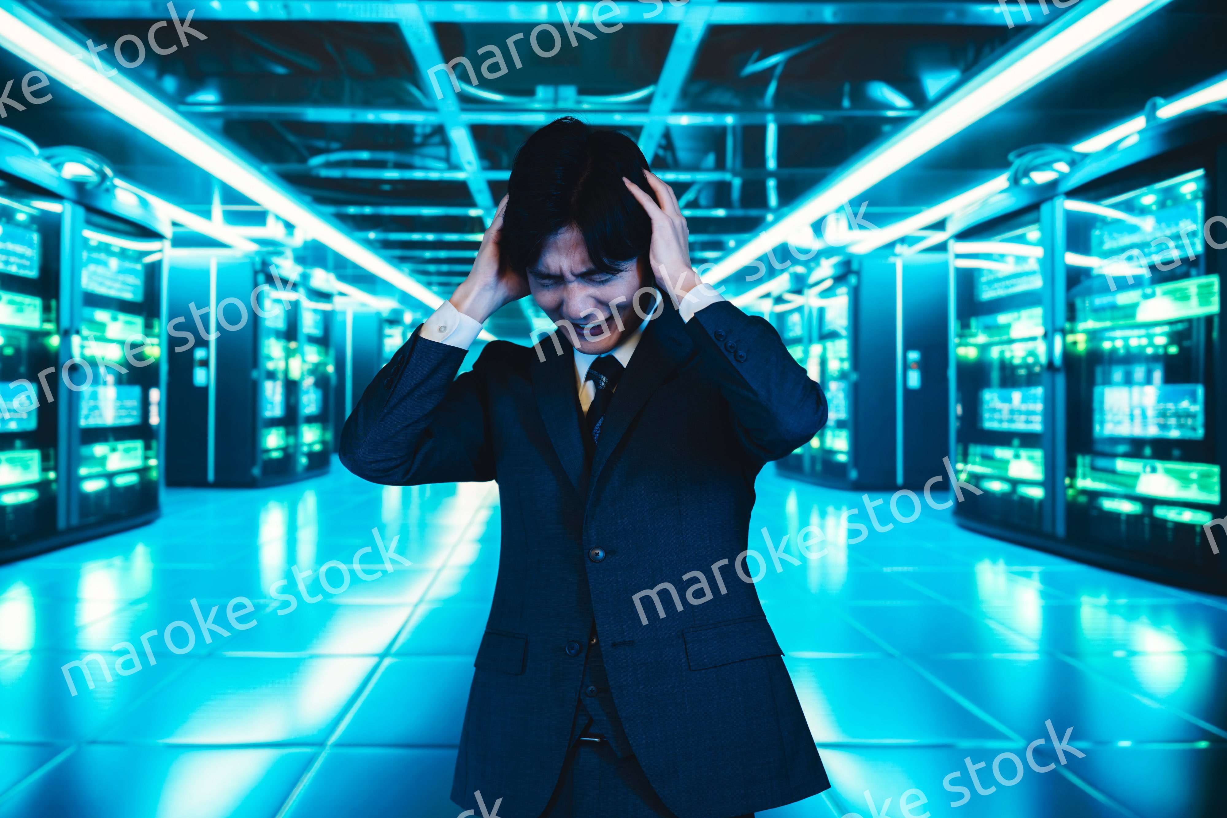 サーバールームで頭を抱えるビジネスマン