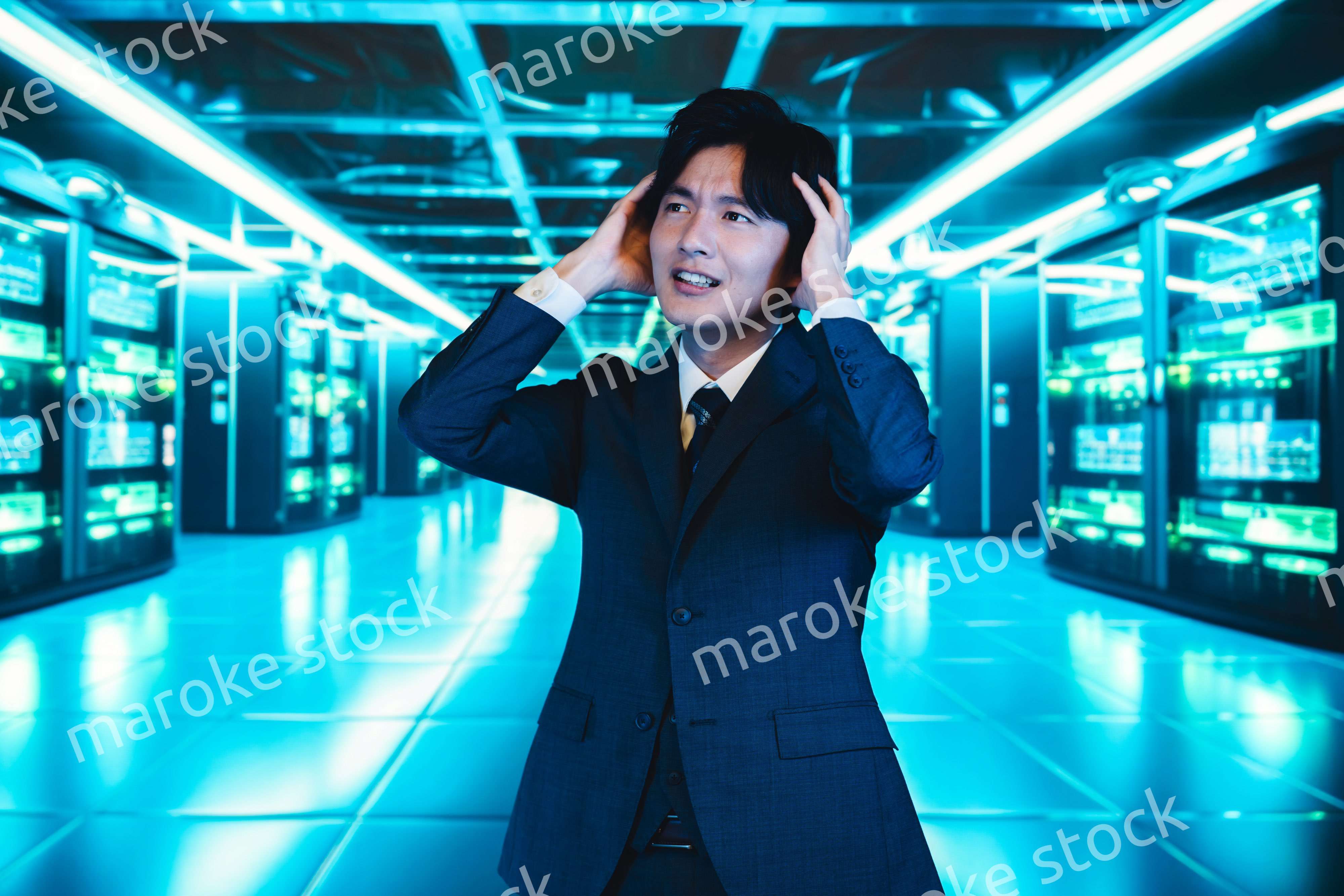 サーバールームで頭を抱えるビジネスマン