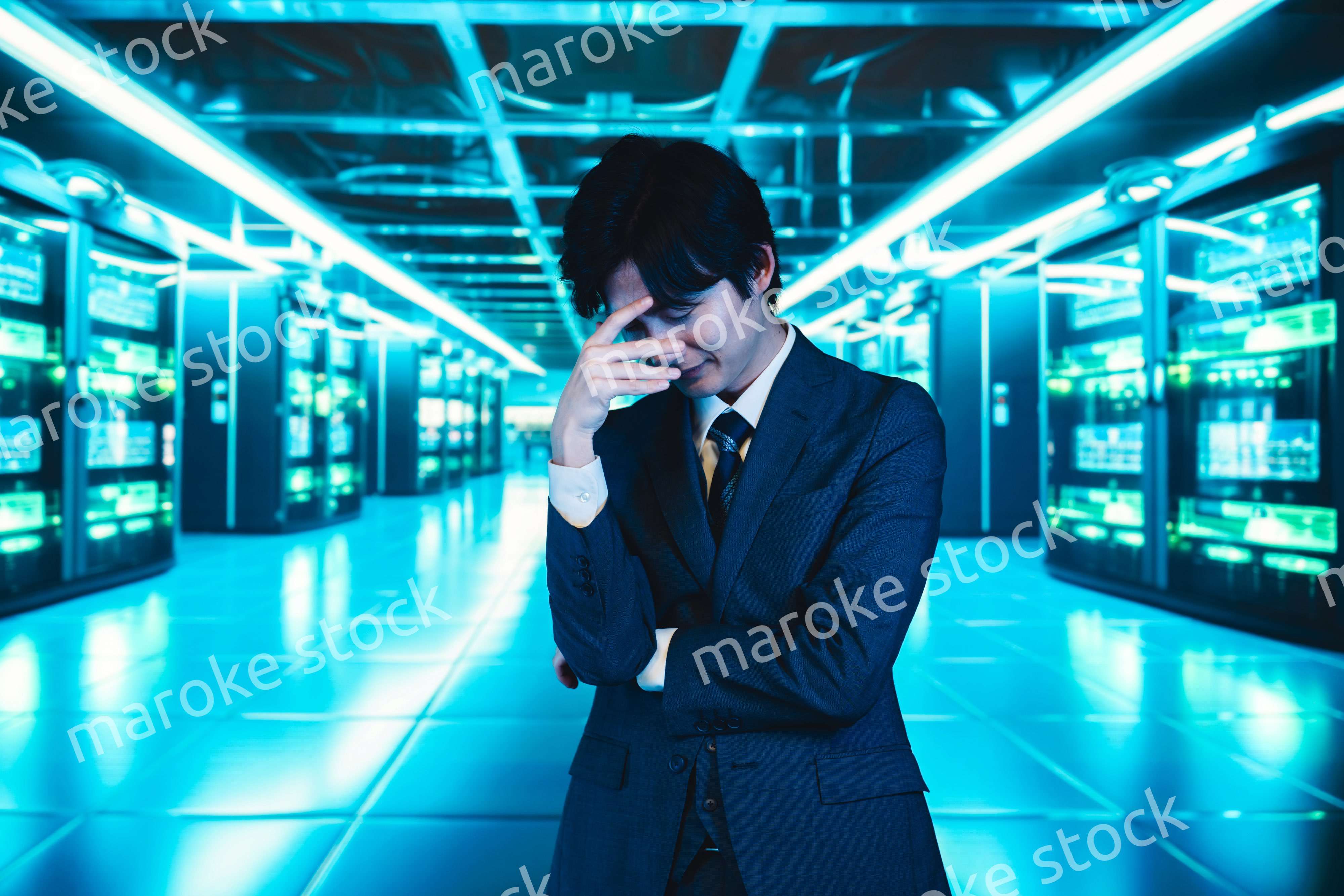 サーバールームで頭を抱えるビジネスマン