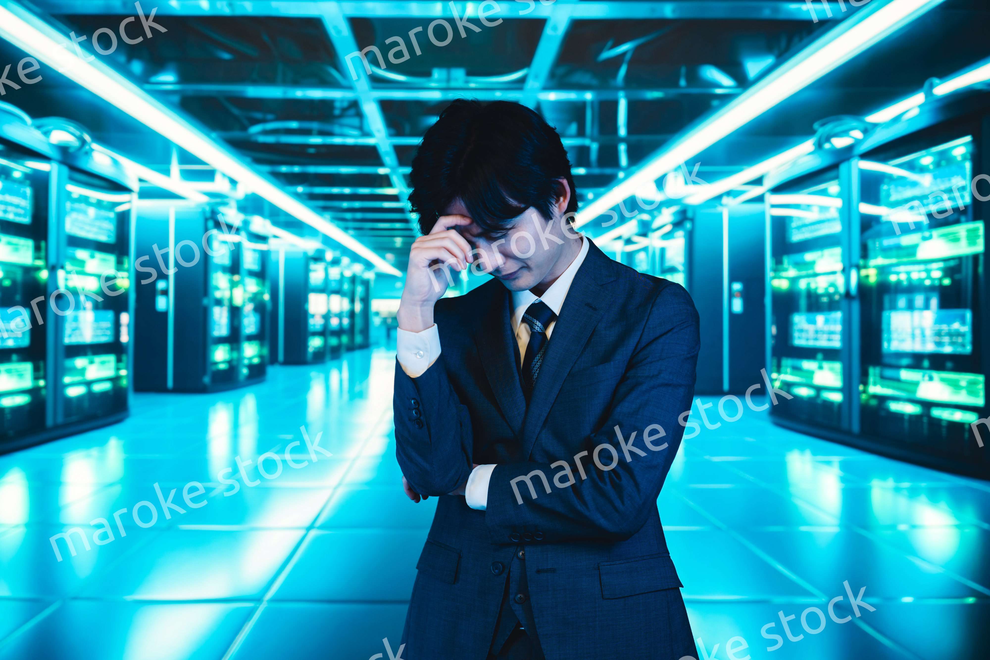 サーバールームで頭を抱えるビジネスマン