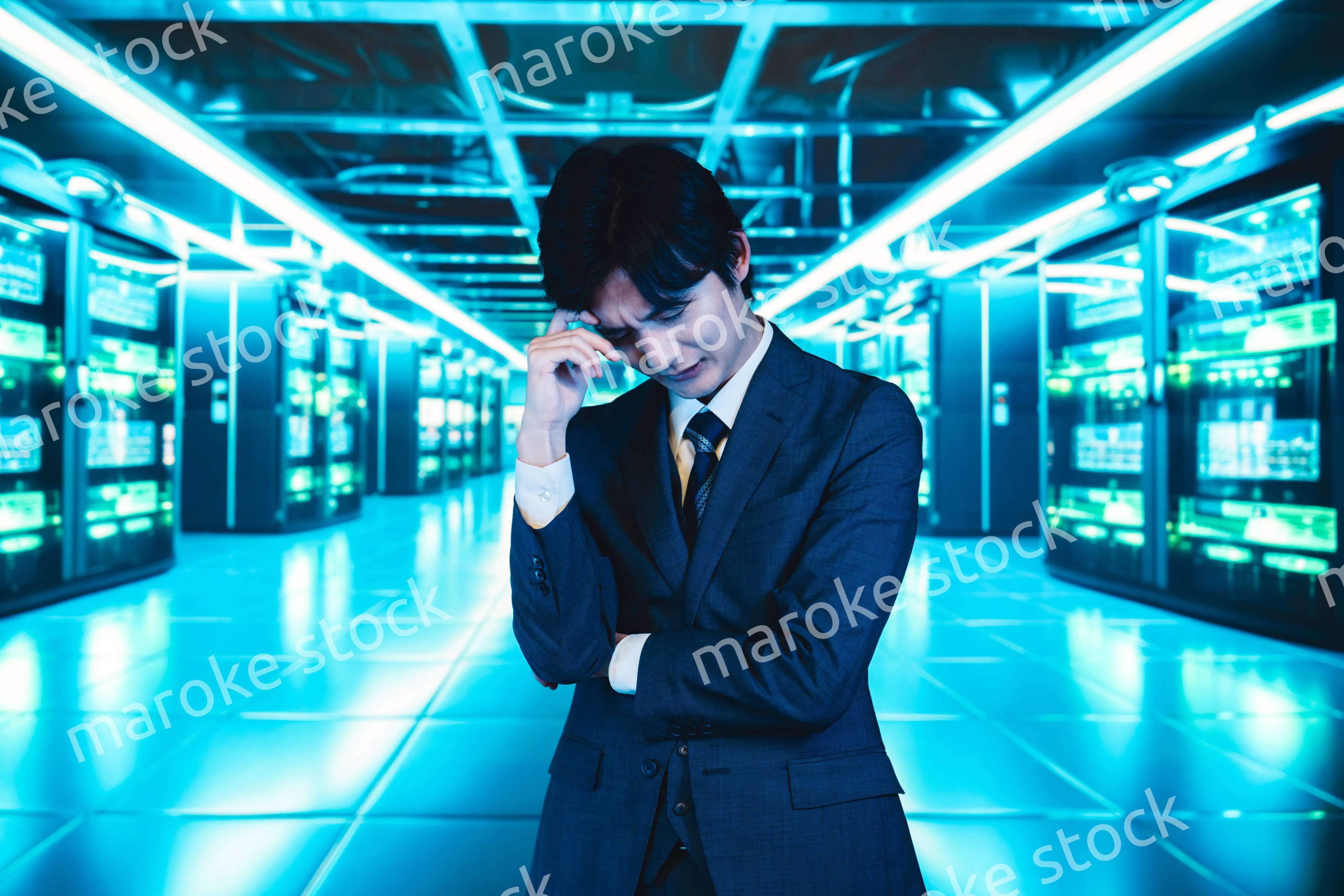 サーバールームで頭を抱えるビジネスマン
