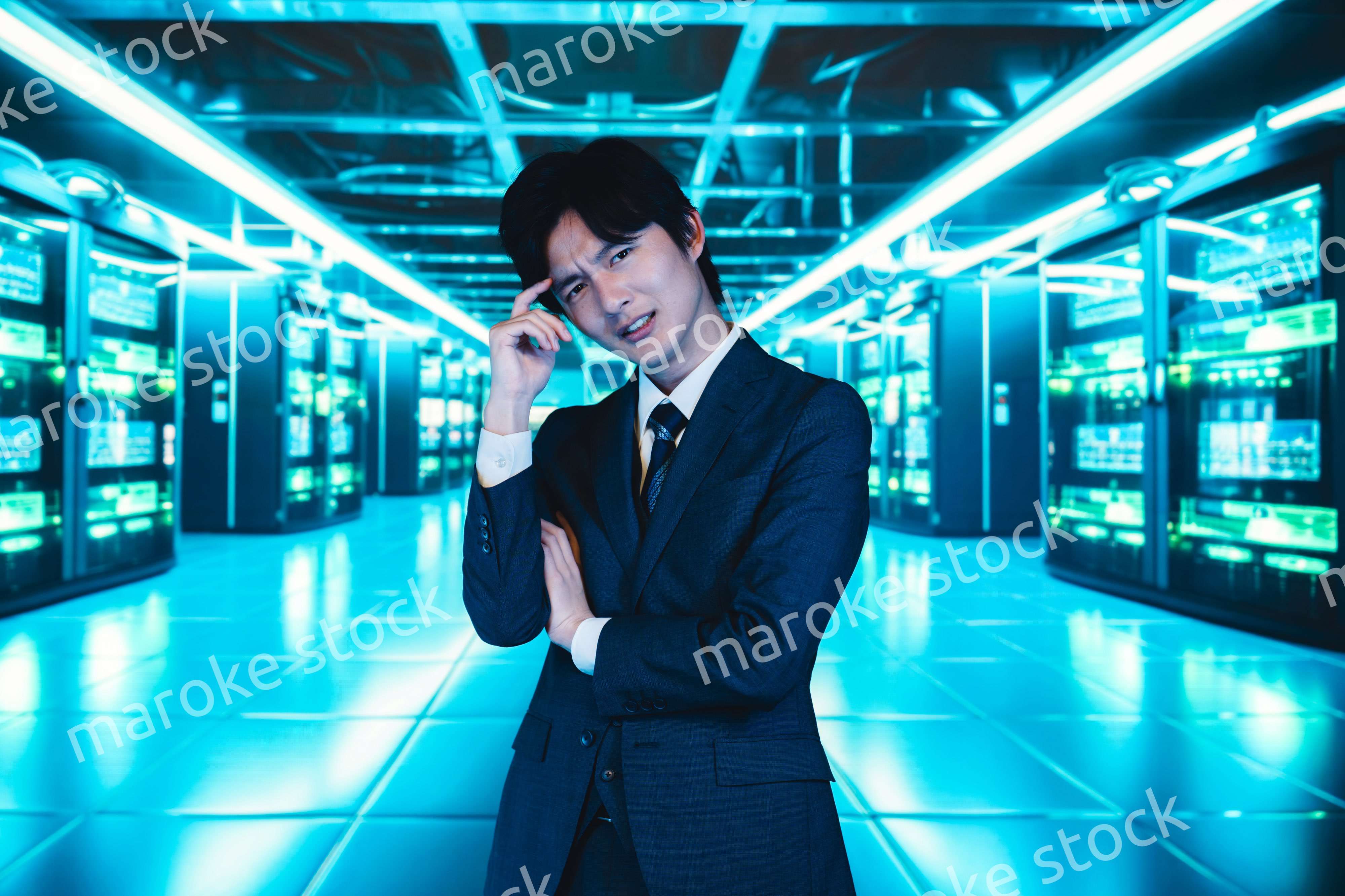 サーバールームで頭を抱えるビジネスマン