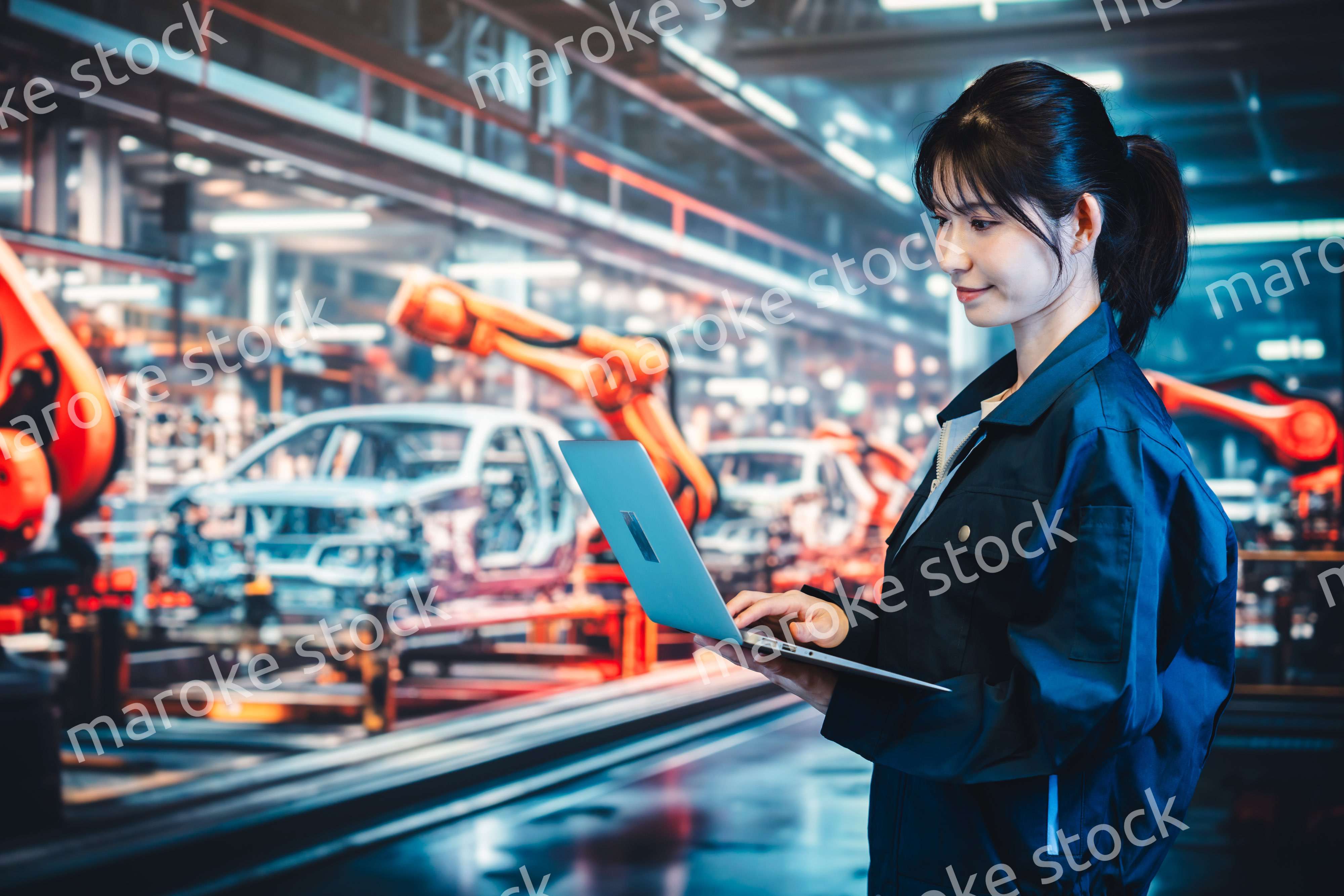 工場の生産ラインでパソコンを使う若い女性