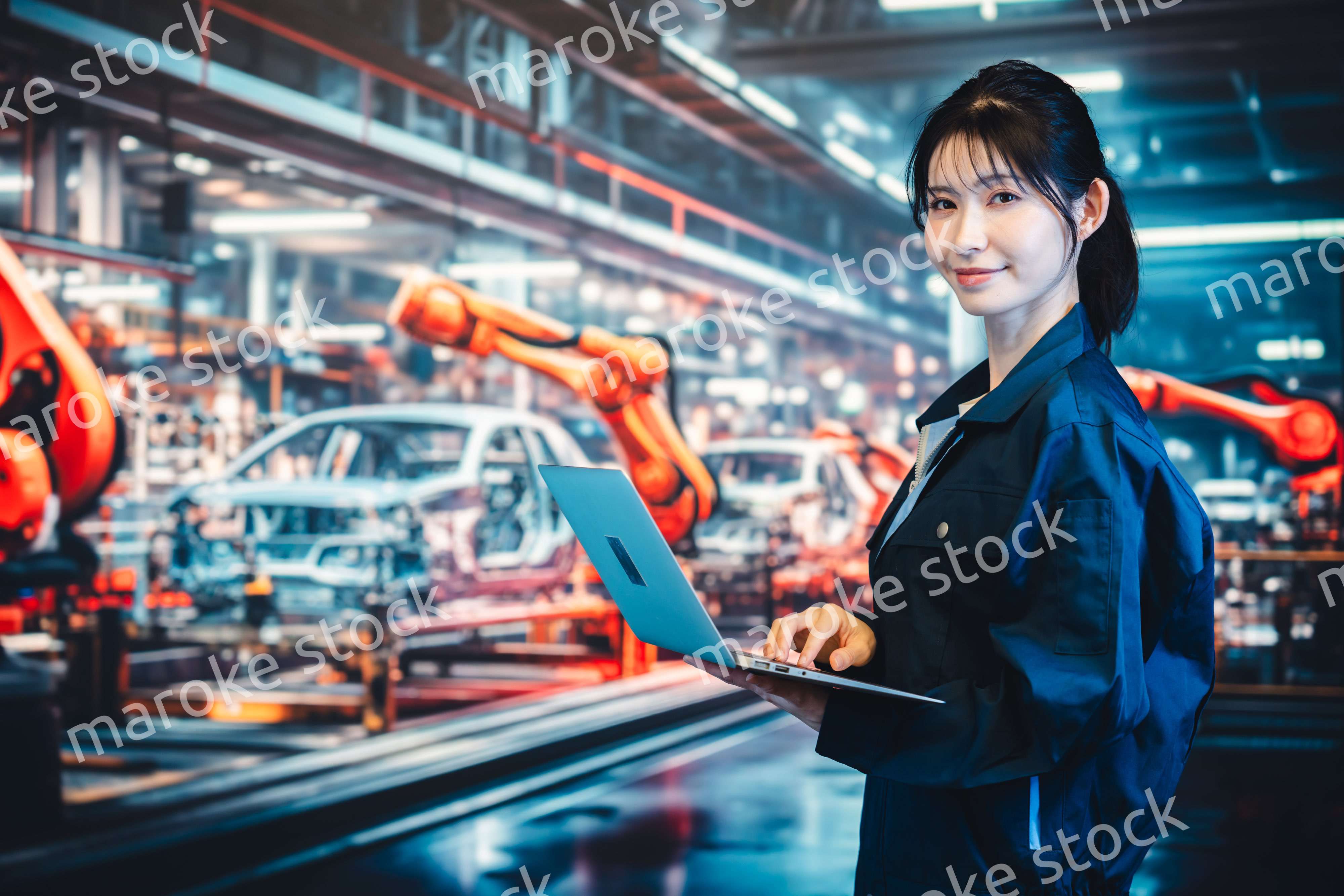 工場の生産ラインでパソコンを使う若い女性