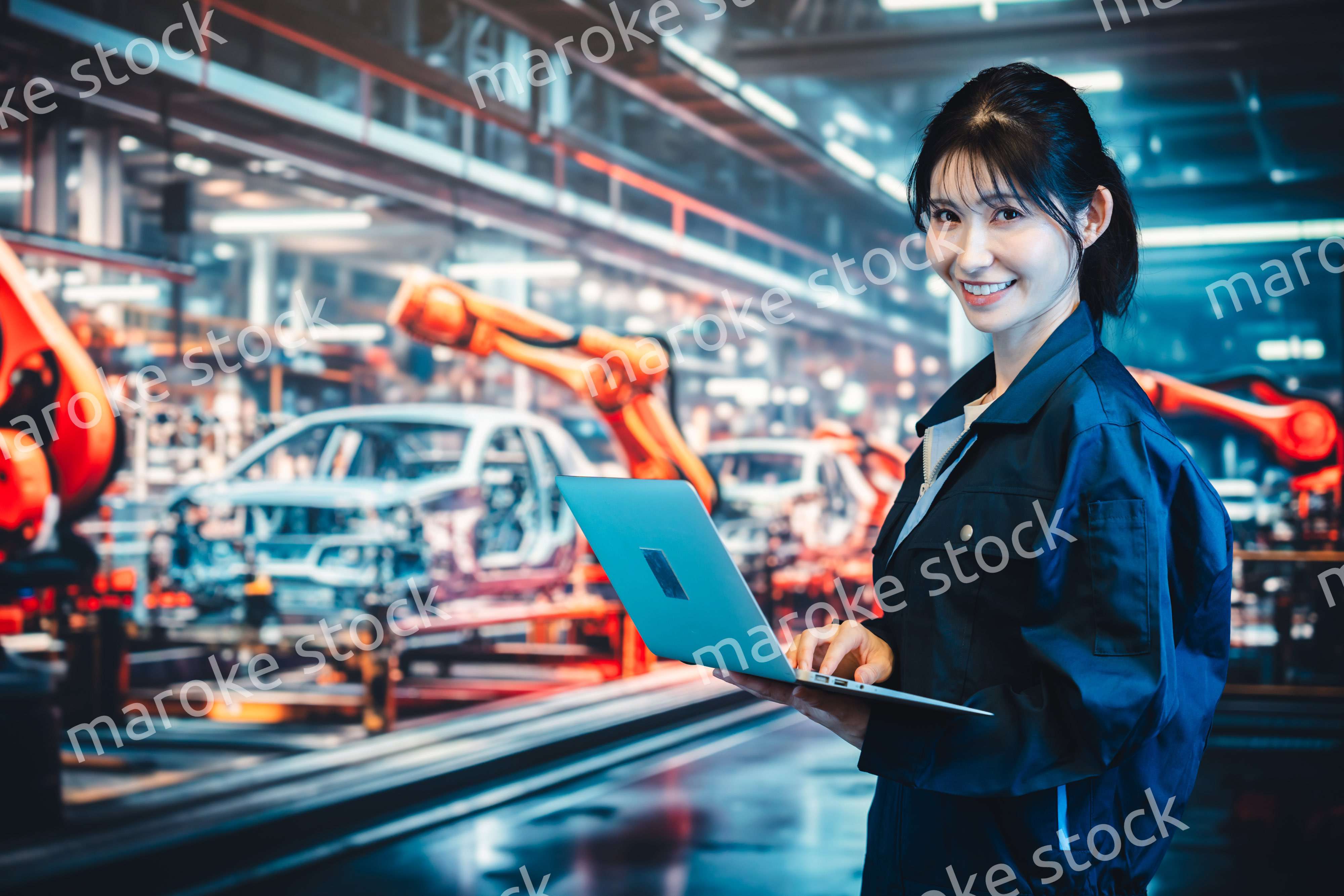 工場の生産ラインでパソコンを使う若い女性