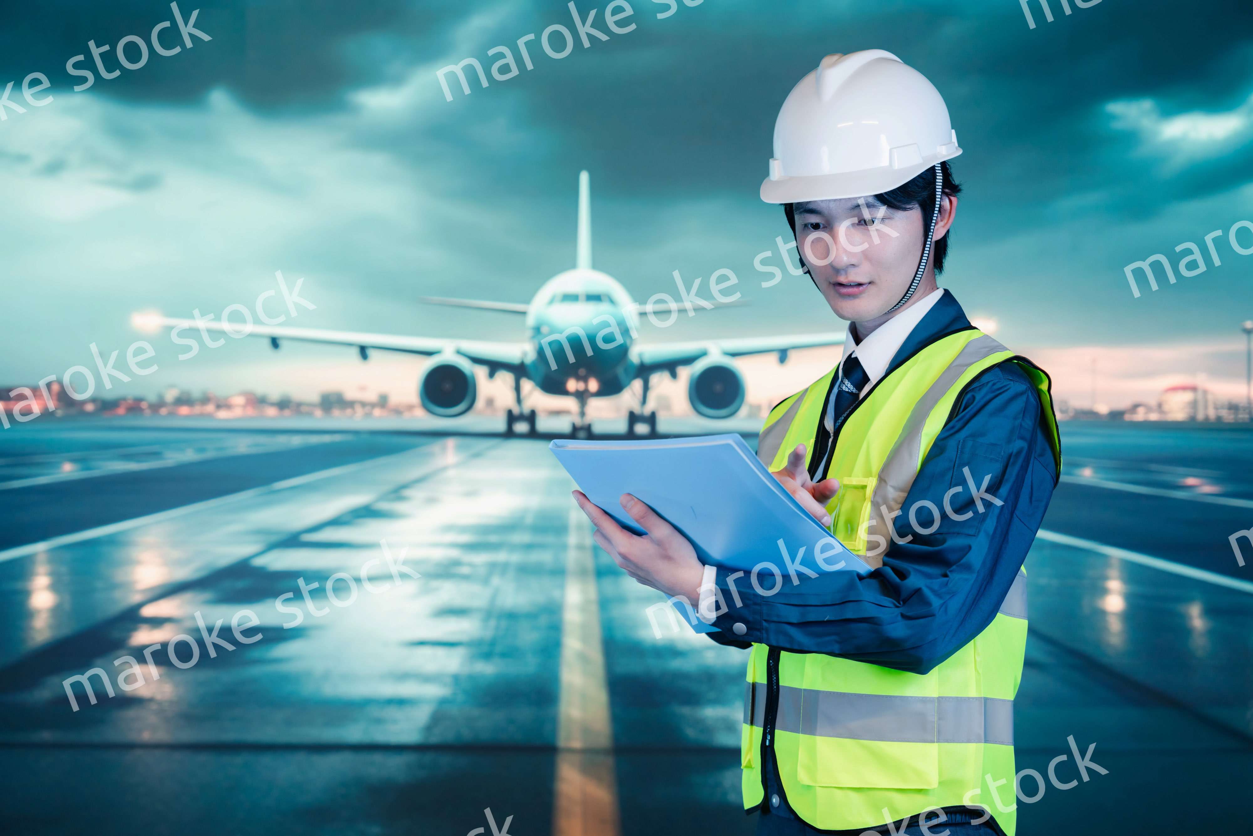 空港の滑走路上で働く若い男性