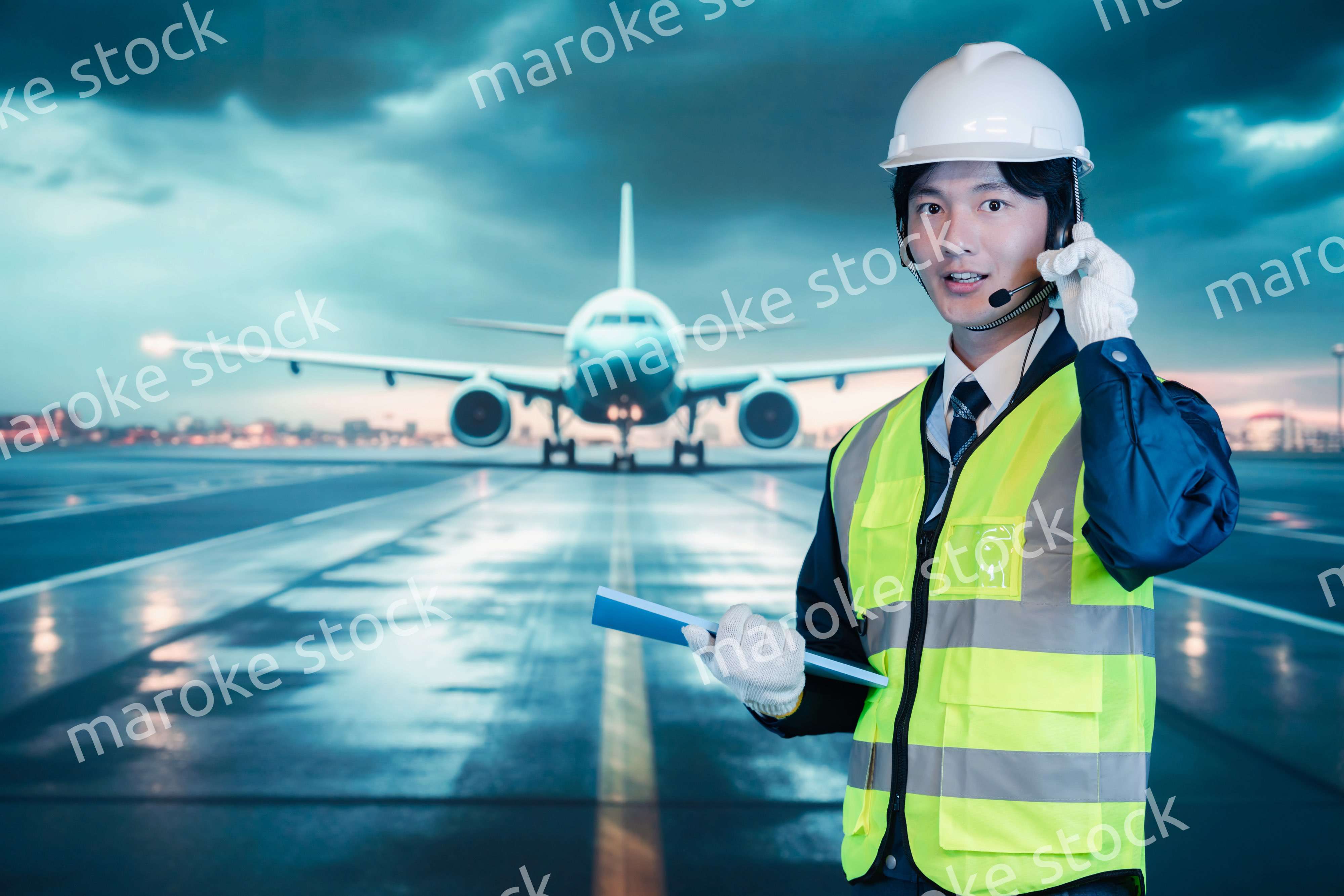 空港の滑走路上で働く若い男性