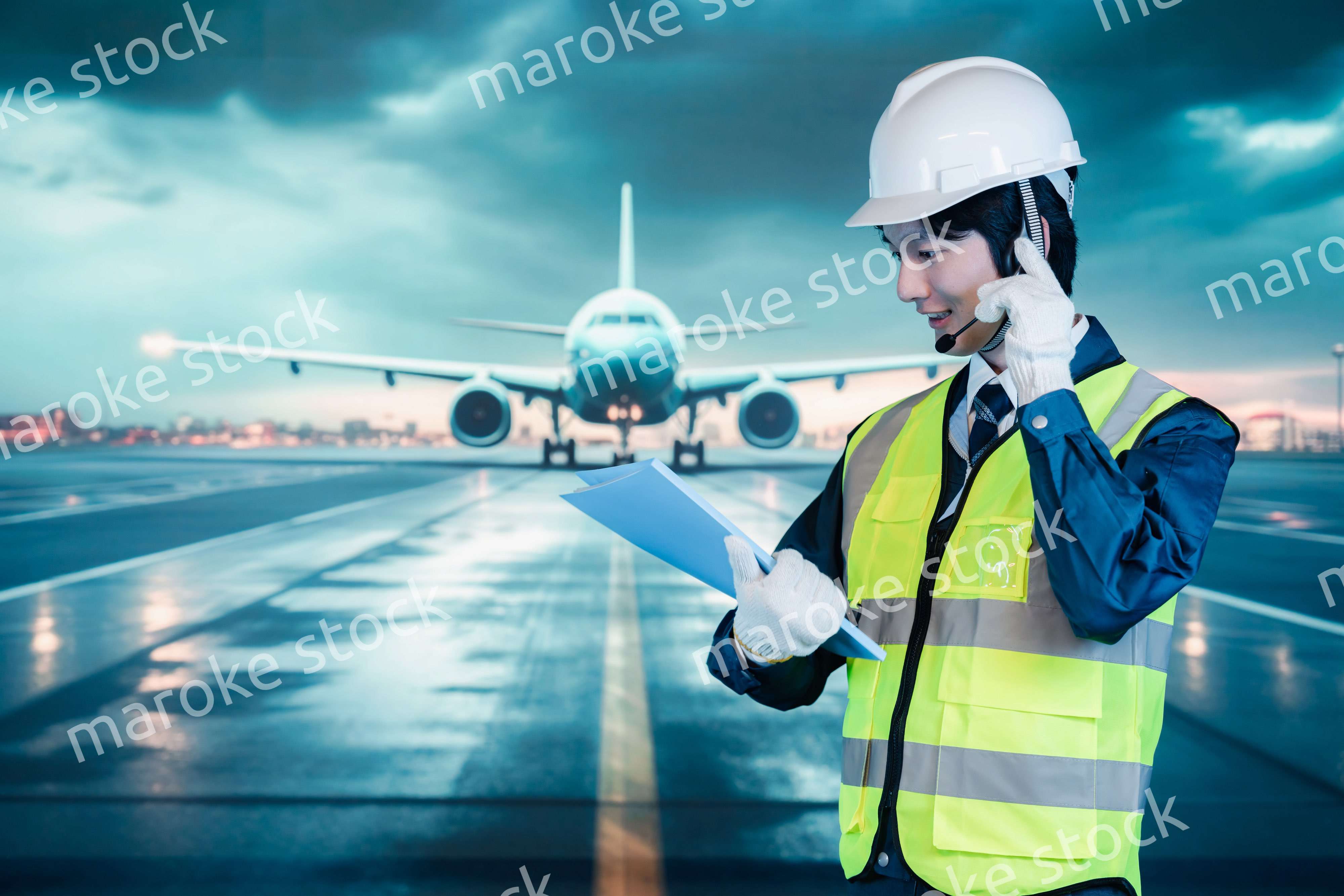 空港の滑走路上で働く若い男性