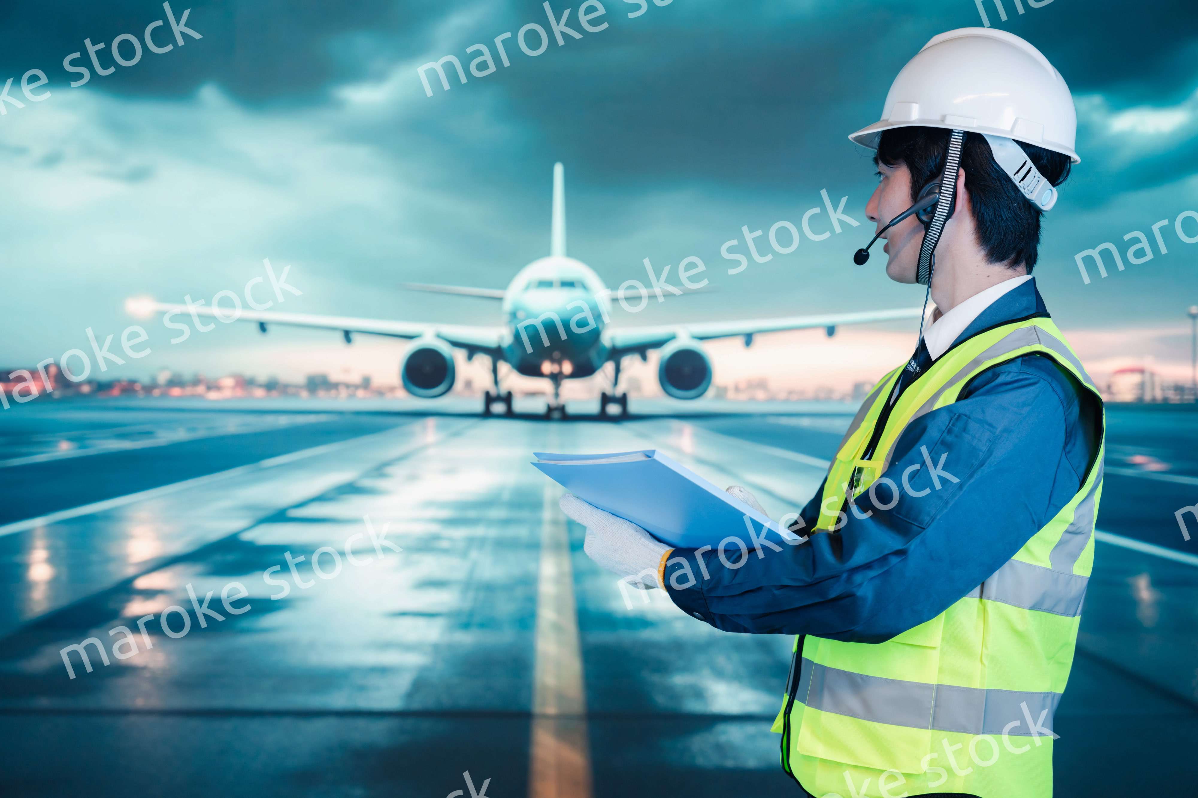 空港の滑走路上で働く若い男性