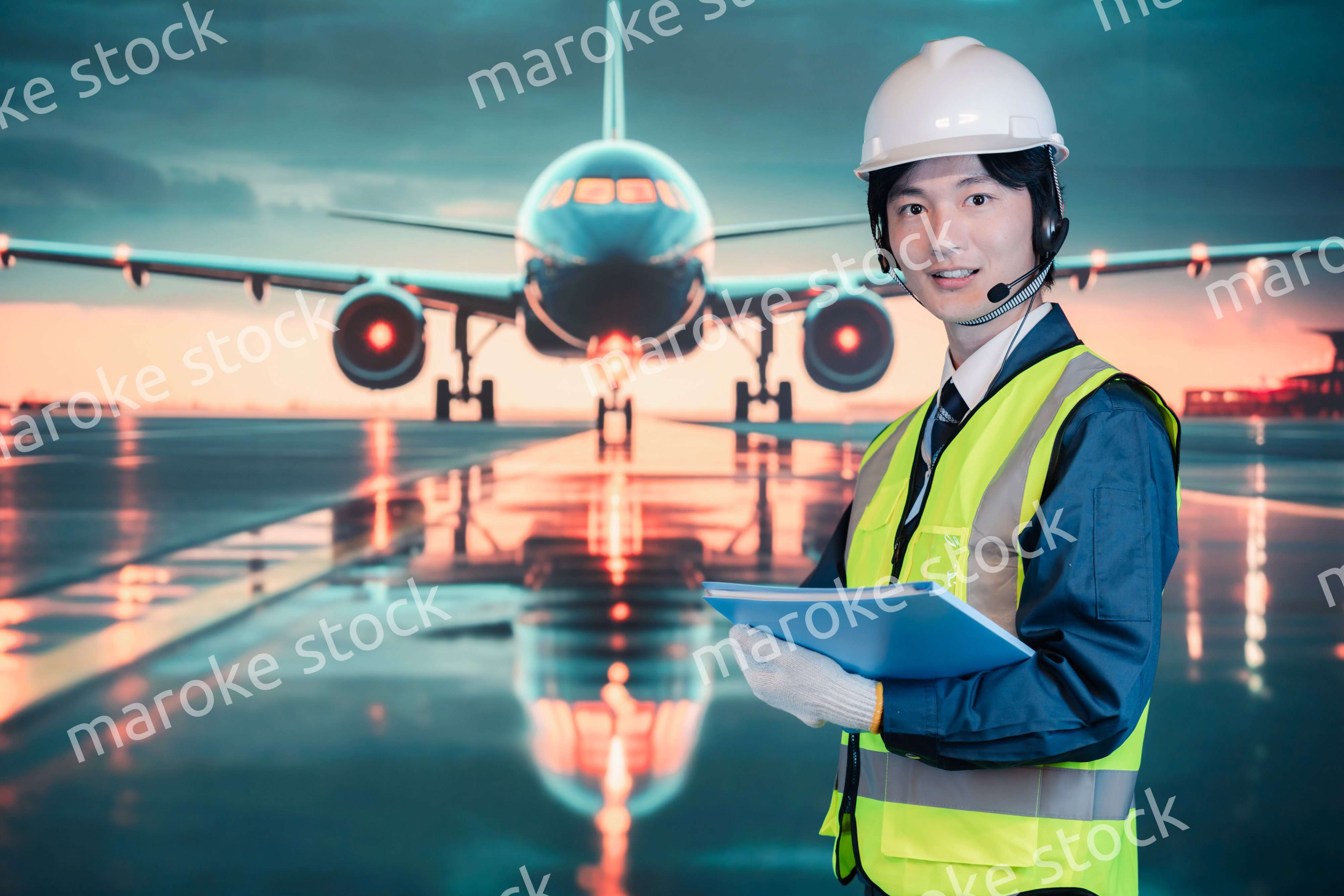 空港の滑走路上で働く若い男性