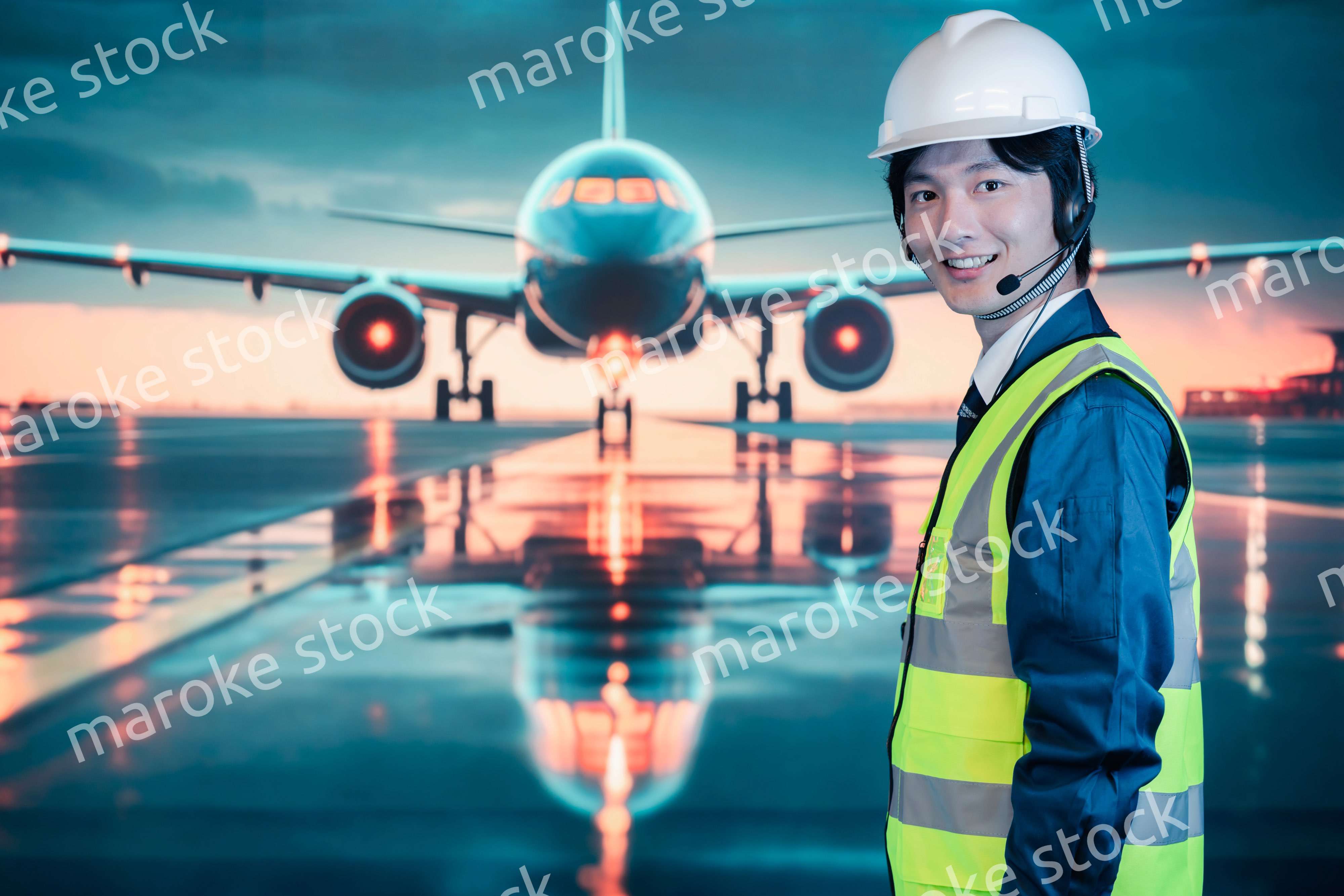 空港の滑走路上で働く若い男性