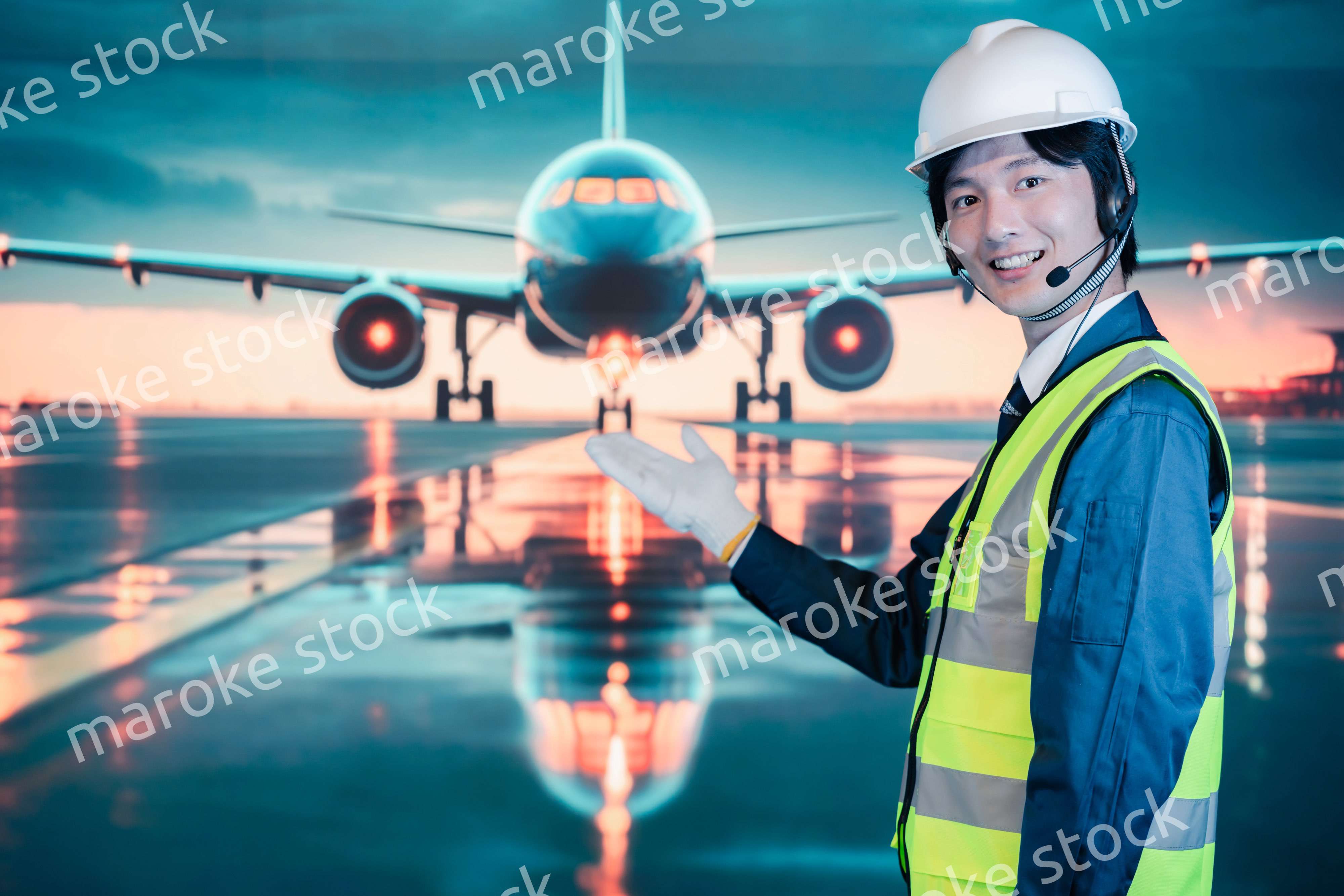 空港の滑走路上で働く若い男性