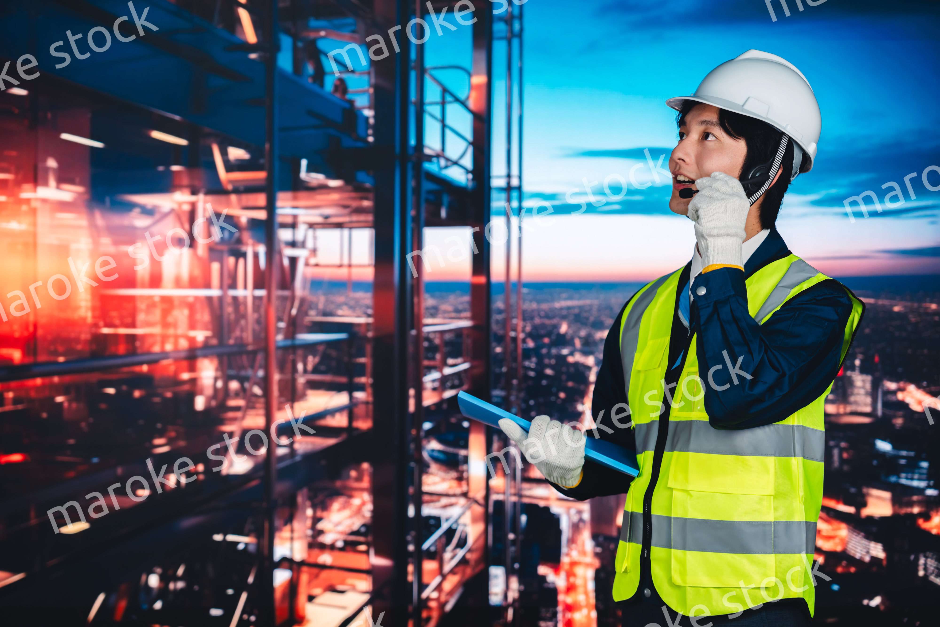 高層ビルの建築現場で作業をする若い男性