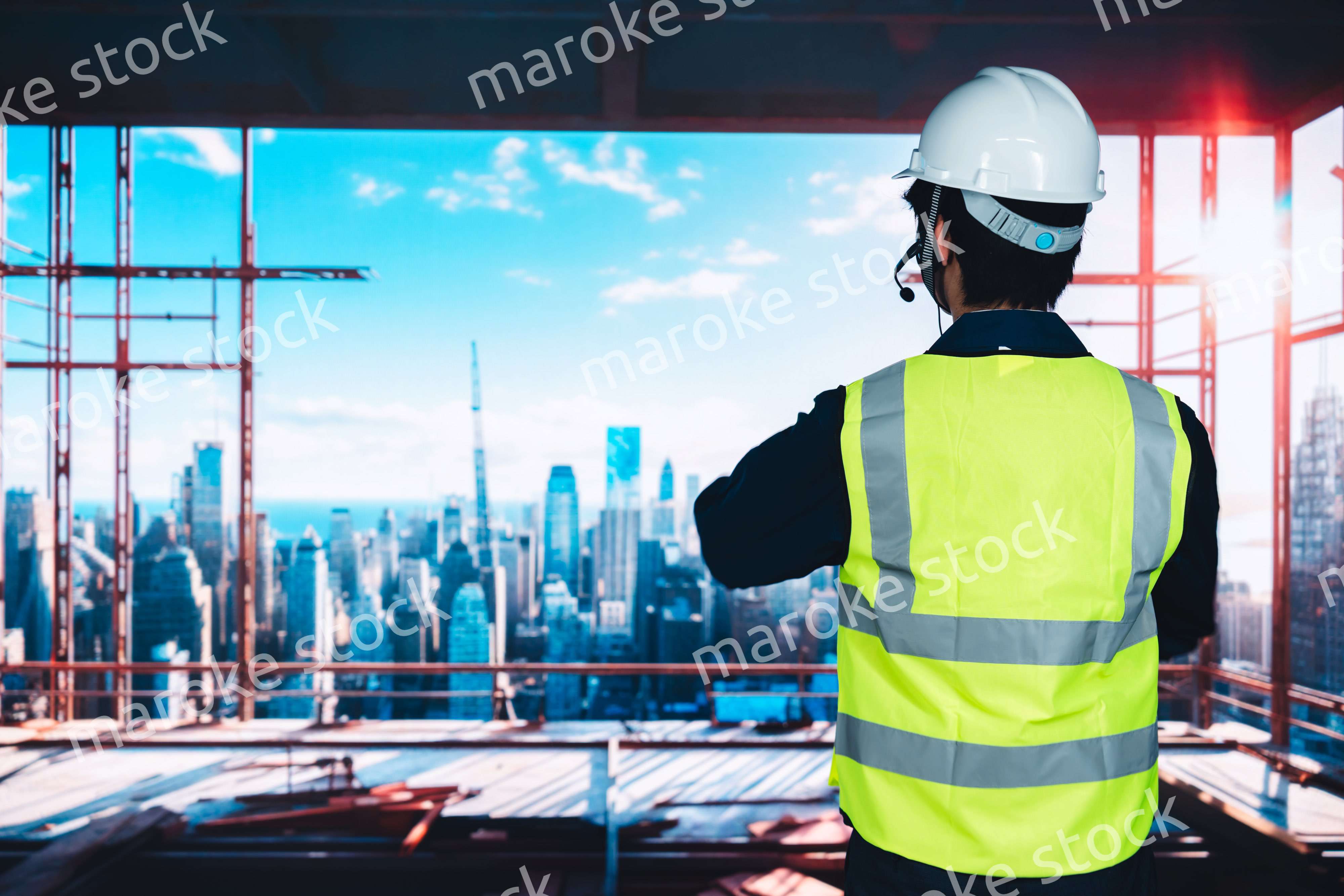 高層ビルの建築現場で作業をする若い男性