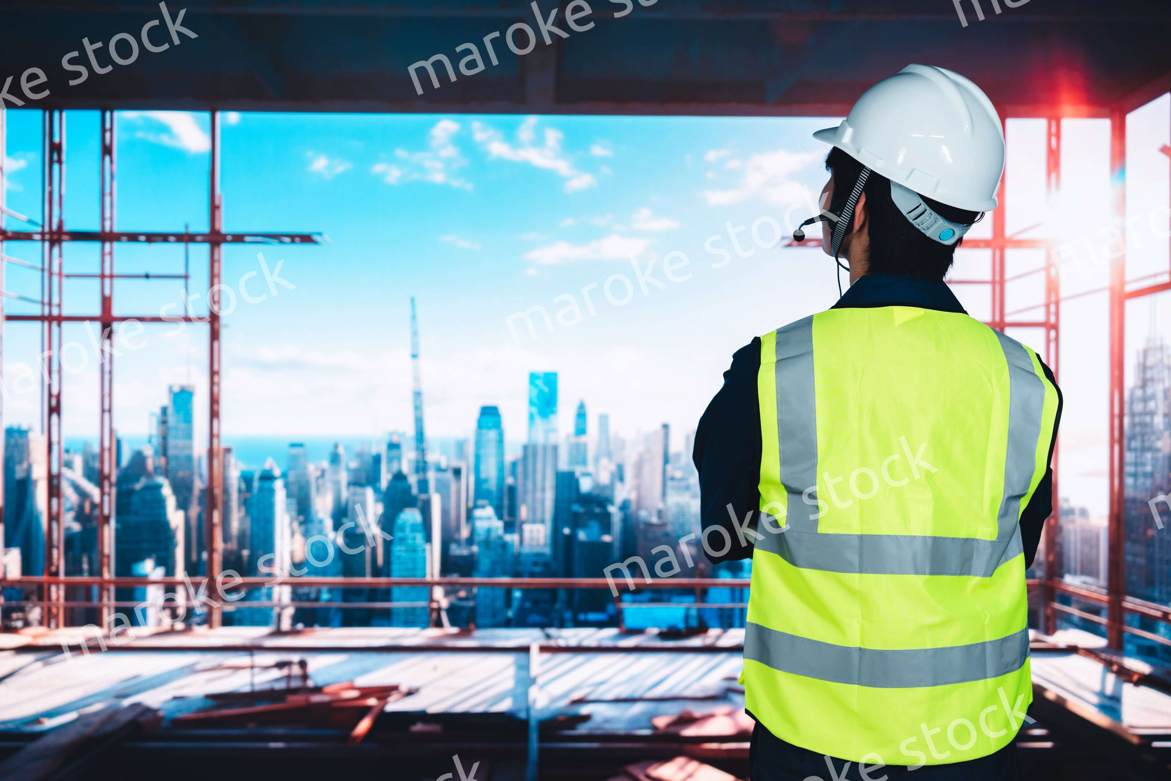 高層ビルの建築現場で作業をする若い男性