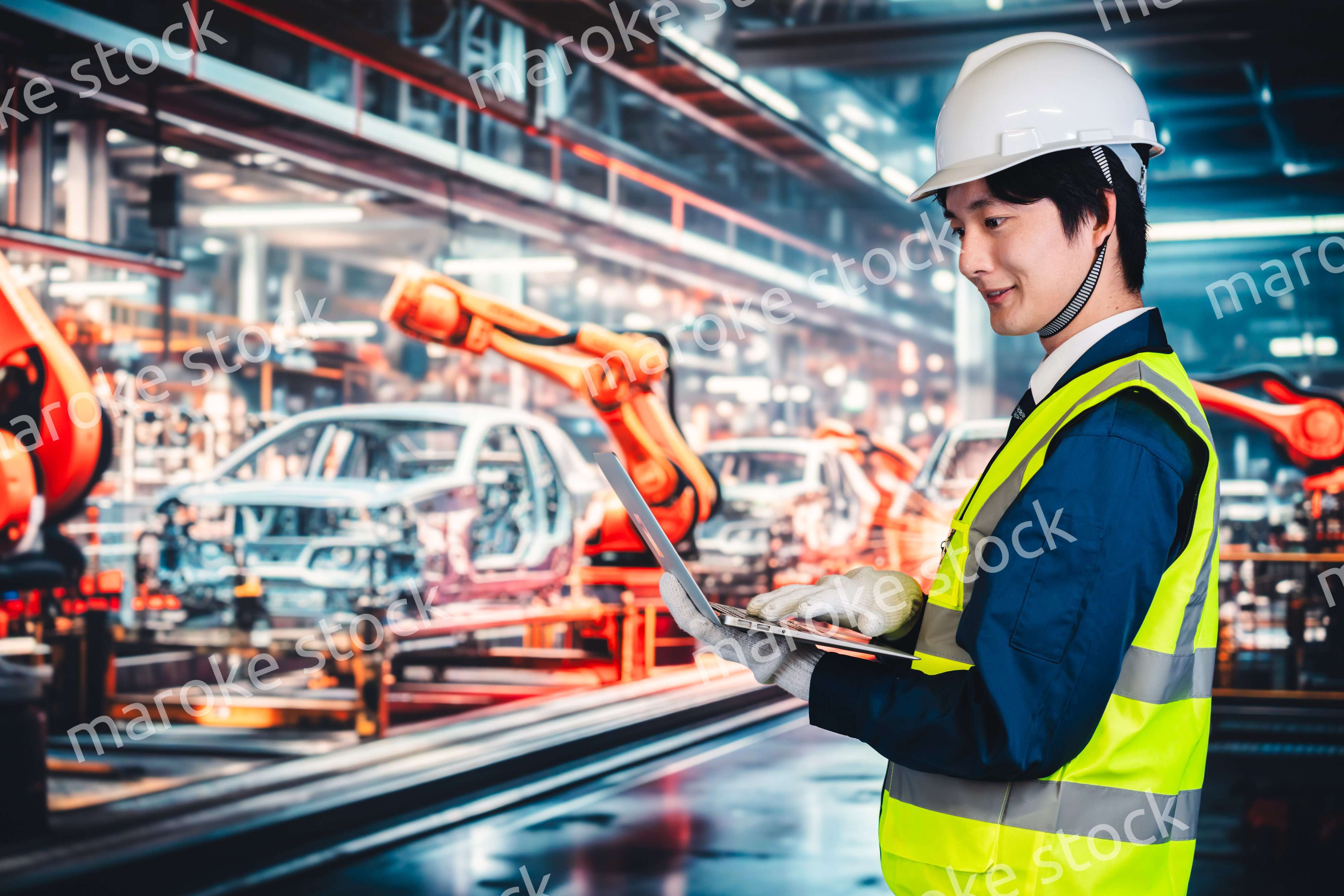 工場の生産ラインを確認する男性