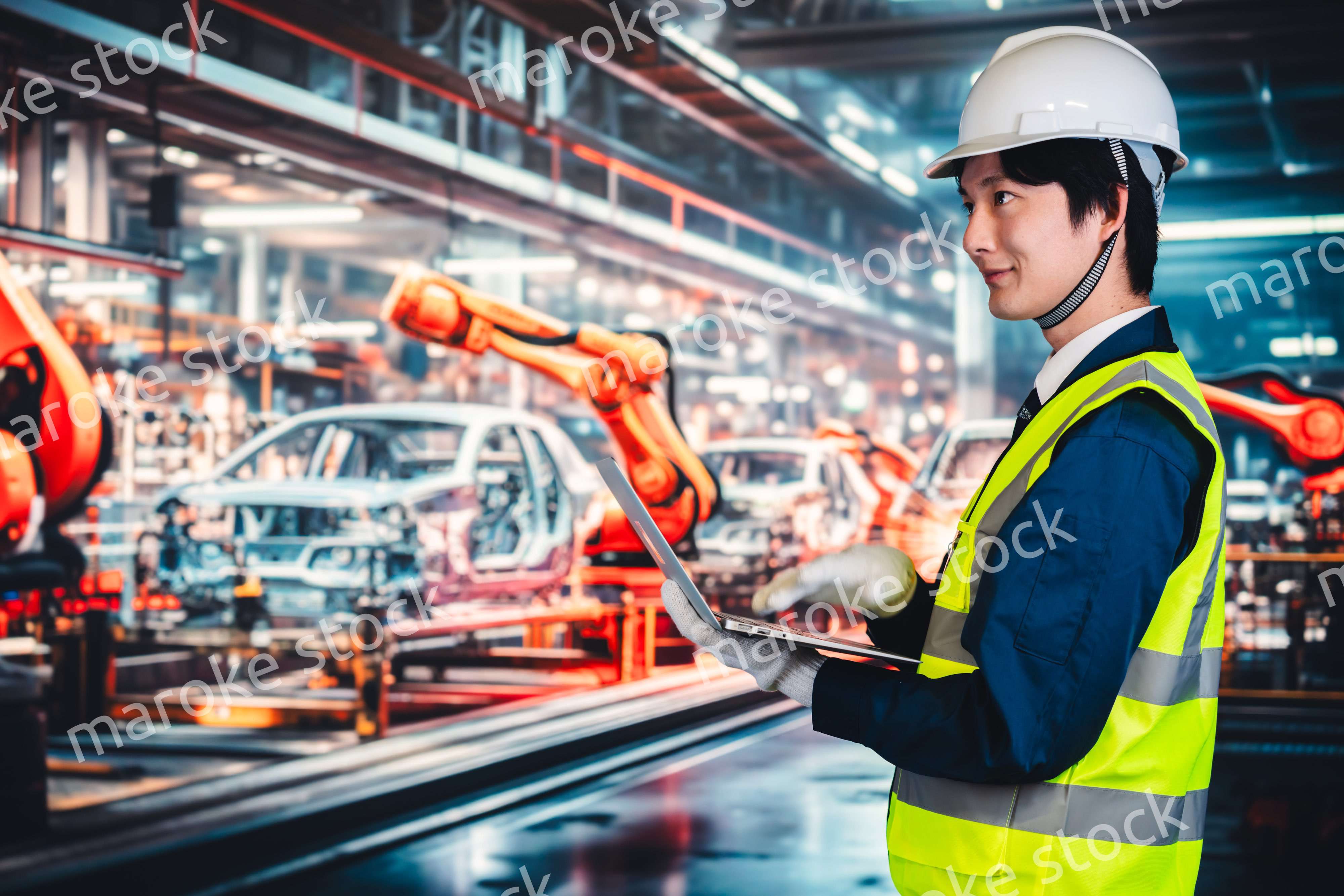 工場の生産ラインを確認する男性