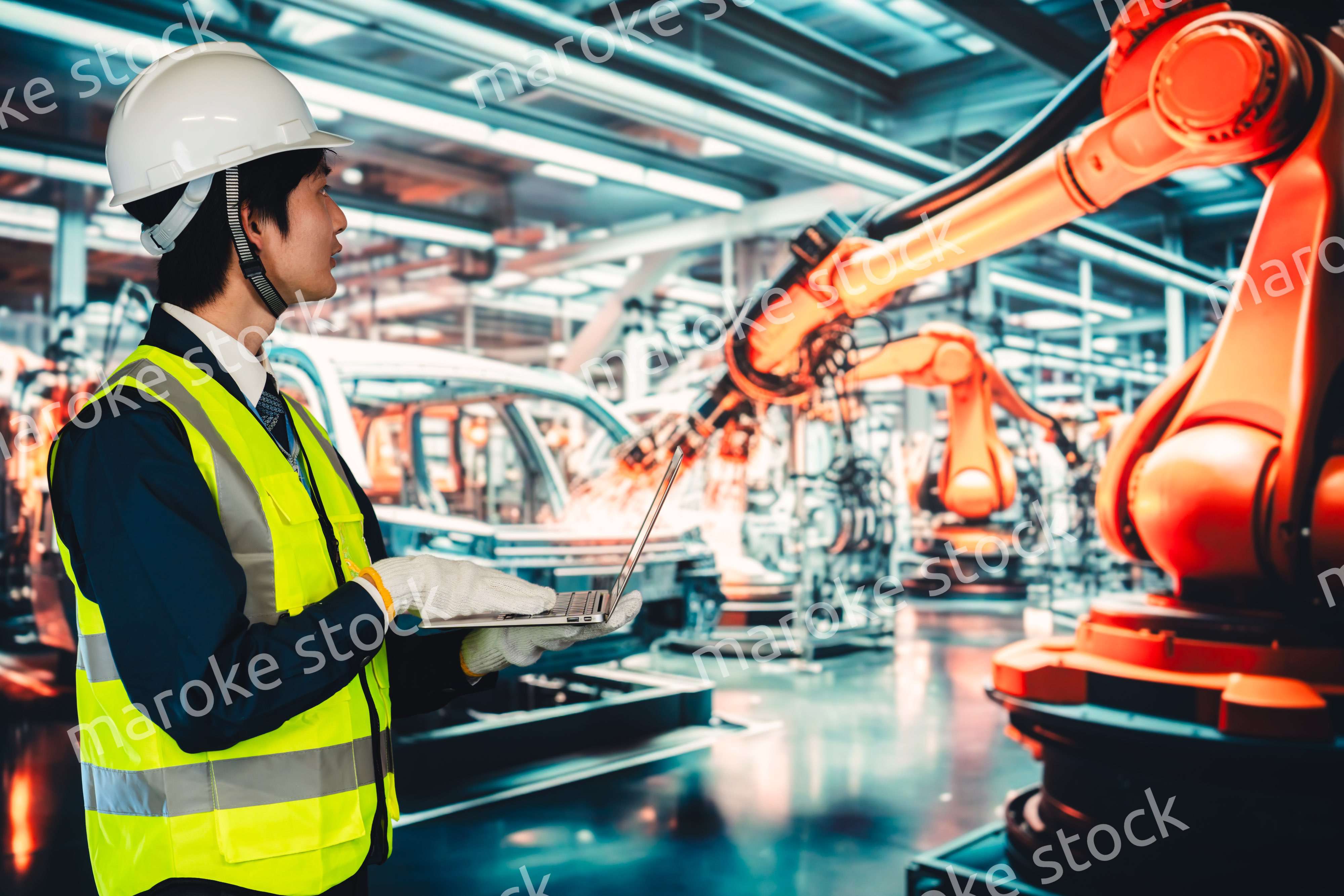 工場の生産ラインを確認する男性