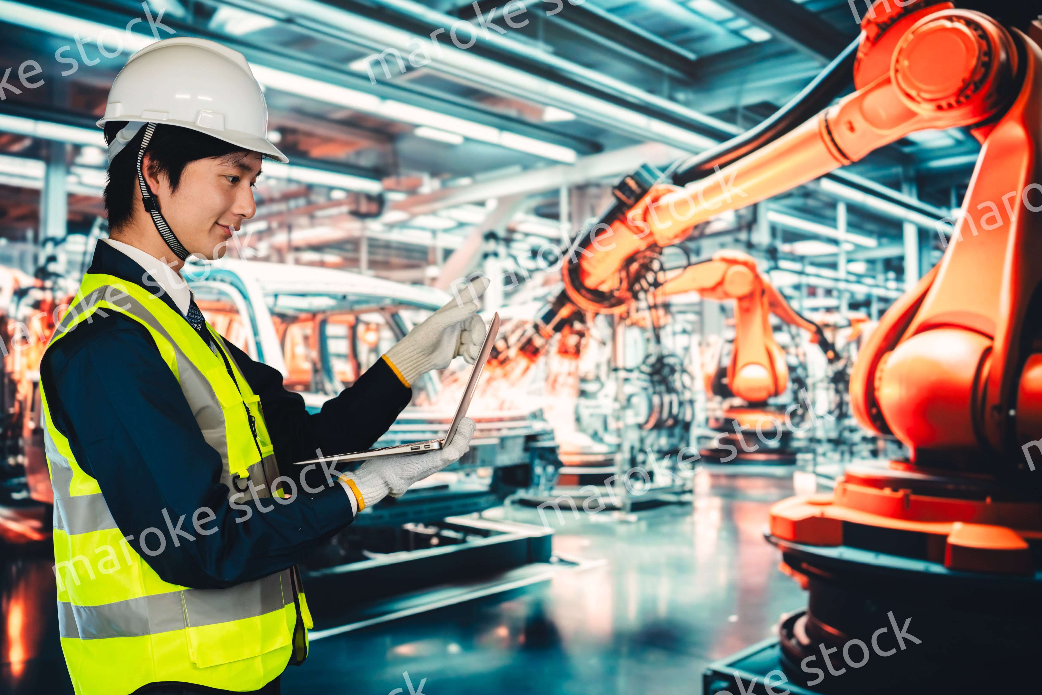 工場の生産ラインを確認する男性