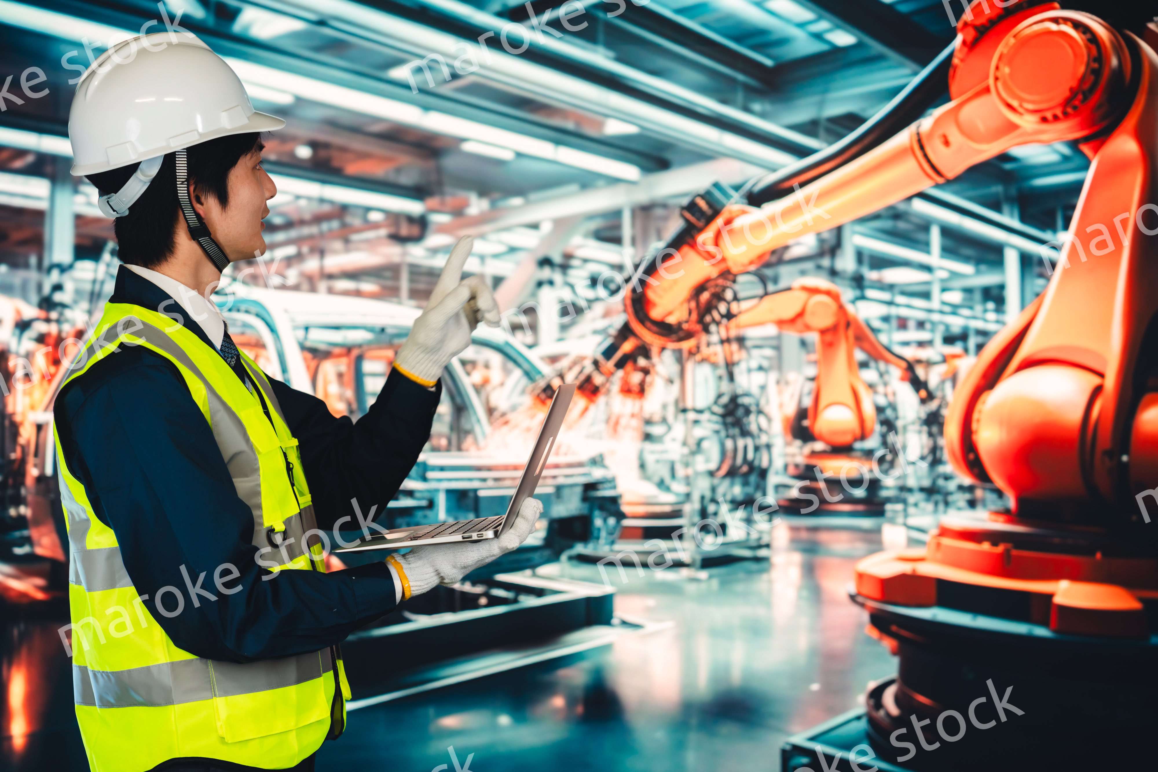 工場の生産ラインを確認する男性