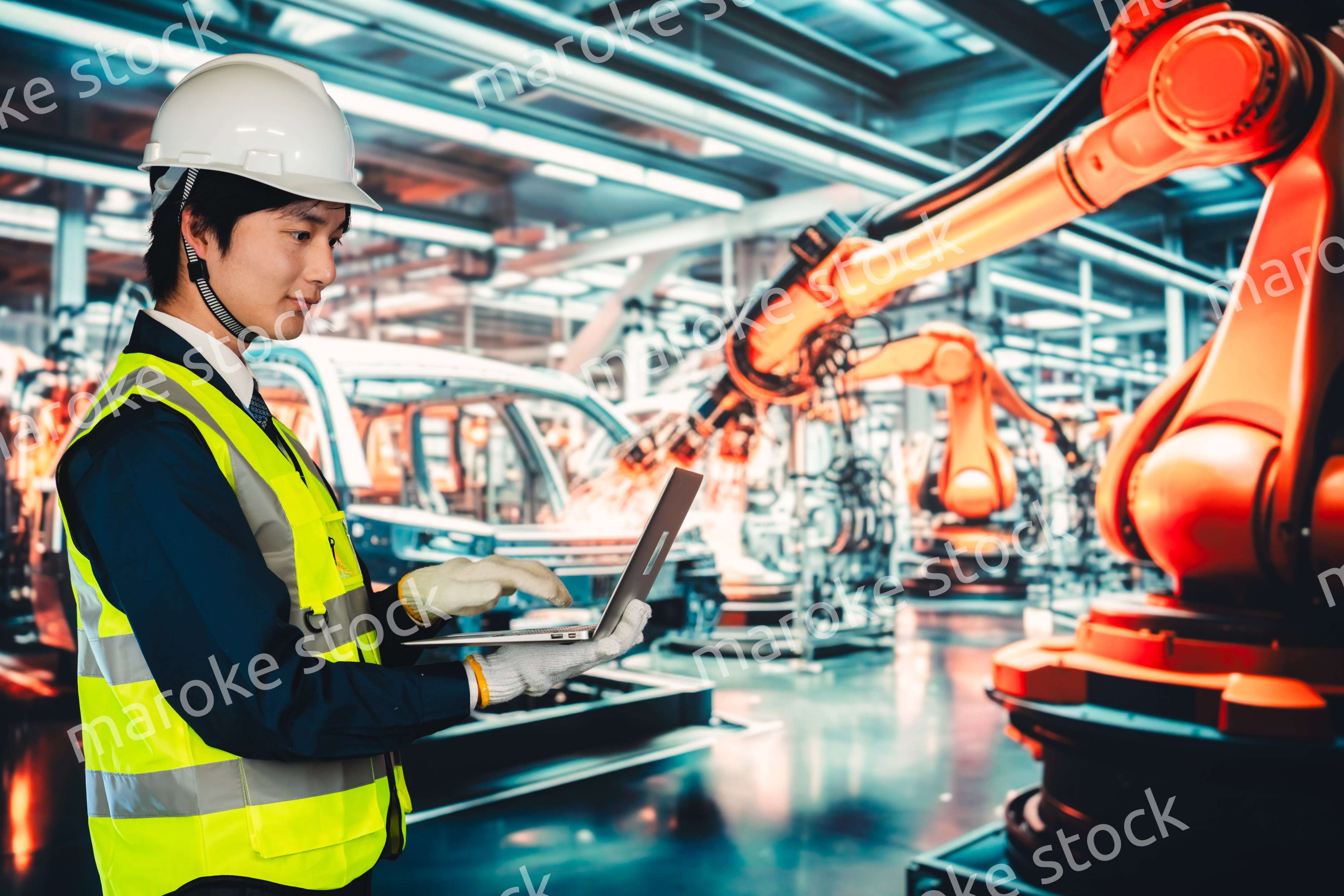 工場の生産ラインを確認する男性